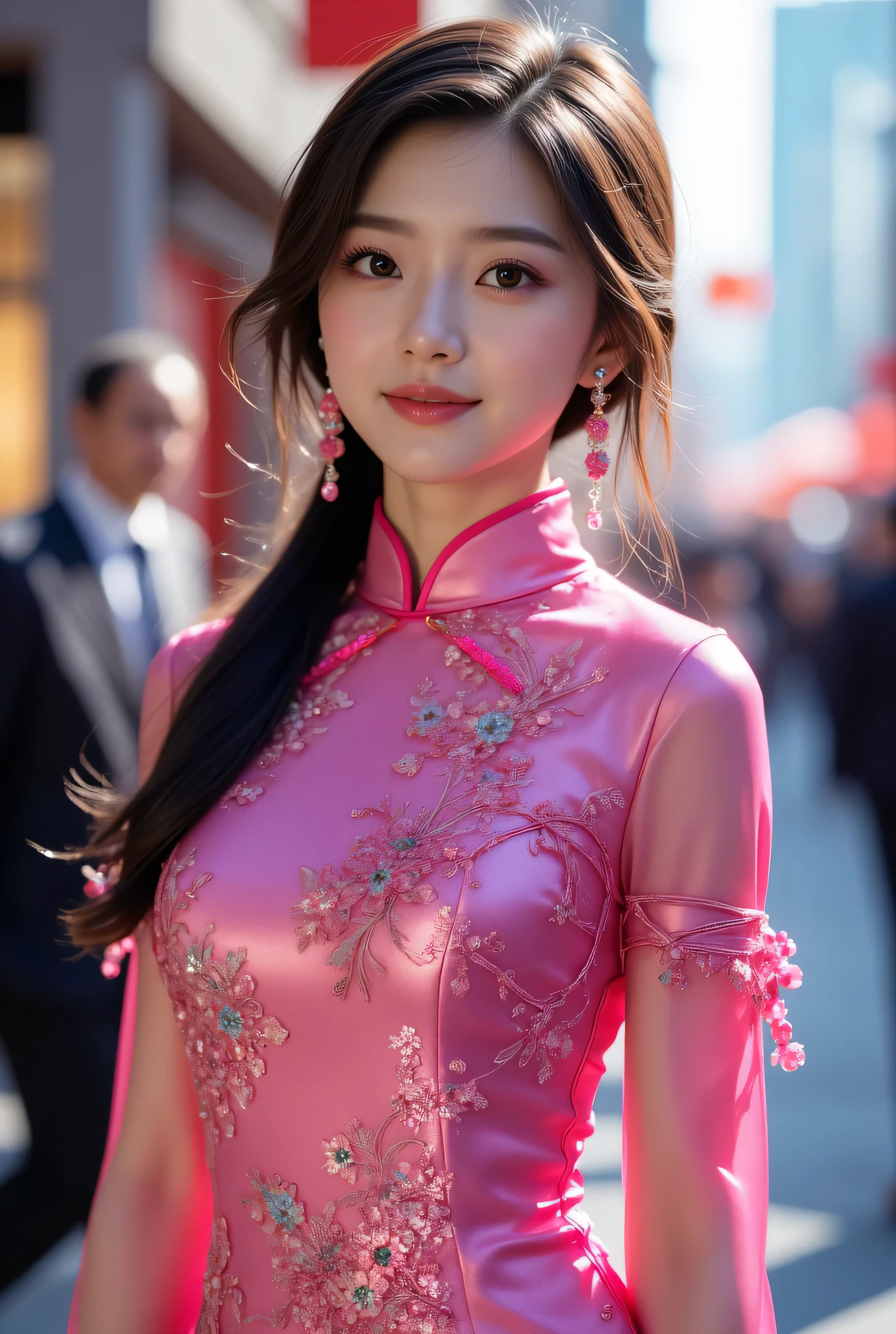 (Very beautiful cute girl), (very cute face:1.2), yo, (sparking crystal clear attractive large eyes:1.2), beautiful detailed eyes, Detailed double eyelids, (smiling), (realistic photograph:1.2), Super shiny metallic neon pink gorgeous long sleeves cheongsam, chinese phoenixes pattern design cheongsam, Costume lighting,in the street,walking,(costume with smooth and strong reflective surfaces:1.1),(ba.2)