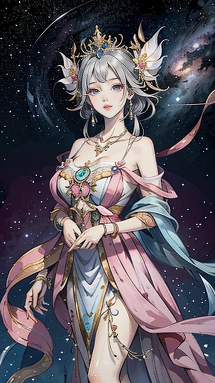 （masterpiece，Best Quality，High resolution, Unity8k wallpaper, Official Art), (One young beautiful girl), colorful, Detailed illustration art, Super detailed，Large Breasts, (Intertwined, Datura stramonium, Tangle), The Goddess, White lace dress, Silver Tiara, necklace, earrings, Gold Bracelet, Off the shoulder, Look at me and smile, Divine Light, Like a painting, flash drawing，Vibrant colors, Perfect Majic, Fantasy World, background, star雲, star, milky way, Detailed digital art, 