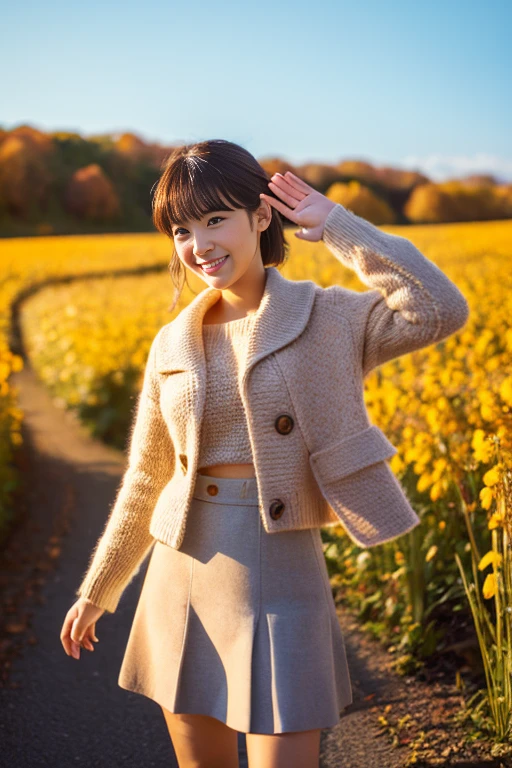 (masutepiece), (Best Quality), Realistic, Photorealism, 1girl, Beautiful woman, Perfect face, Perfect body、(Fashionable autumn clothes) , light smile, medium breast, give someone a little wave, Early morning sunlight, Her skirt flutters in the strong north wind, Vast autumn flower fields, realistic skin textures、high-level image quality、hight resolution、realistic、