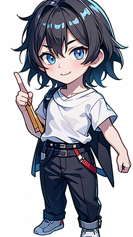 masterpiece, Best Quality, Chibi,
, One person, Focus on men,, short hair,Black Hair,bangs,Blue eyes,smile,White shirt,pants,belt, White,university student,plain white background, no patterns, no background patterns, solid white background, minimalist background