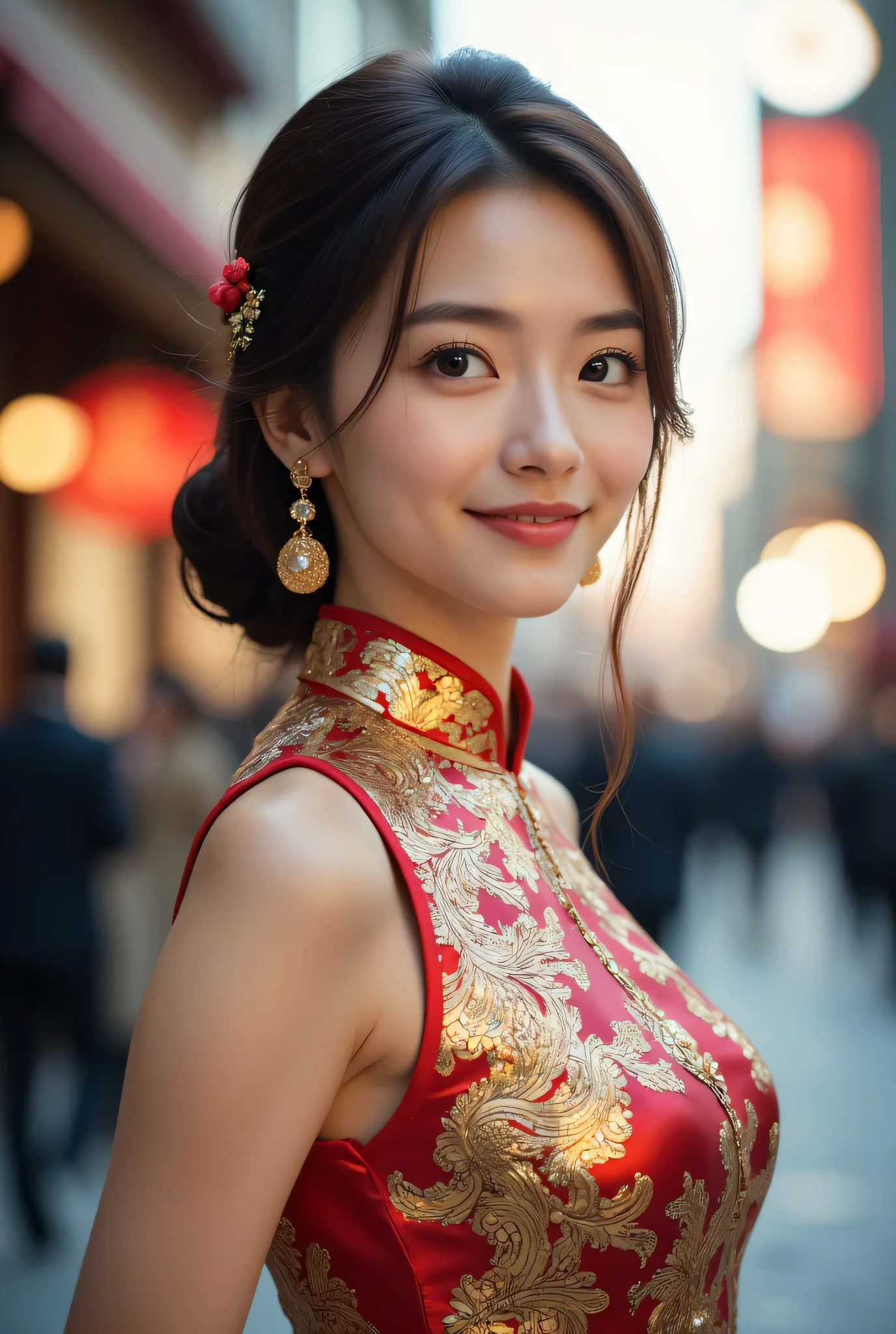 (Very beautiful cute girl), (very cute face:1.2), yo, (sparking crystal clear attractive large eyes:1.2), beautiful detailed eyes, Detailed double eyelids, (smiling), (realistic photograph:1.2), Super shiny metallic pink gorgeous long sleeves cheongsam, chinese phoenixes pattern design cheongsam, Costume lighting,in the street,walking,(costume with smooth and strong reflective surfaces:1.1),(ba.2)