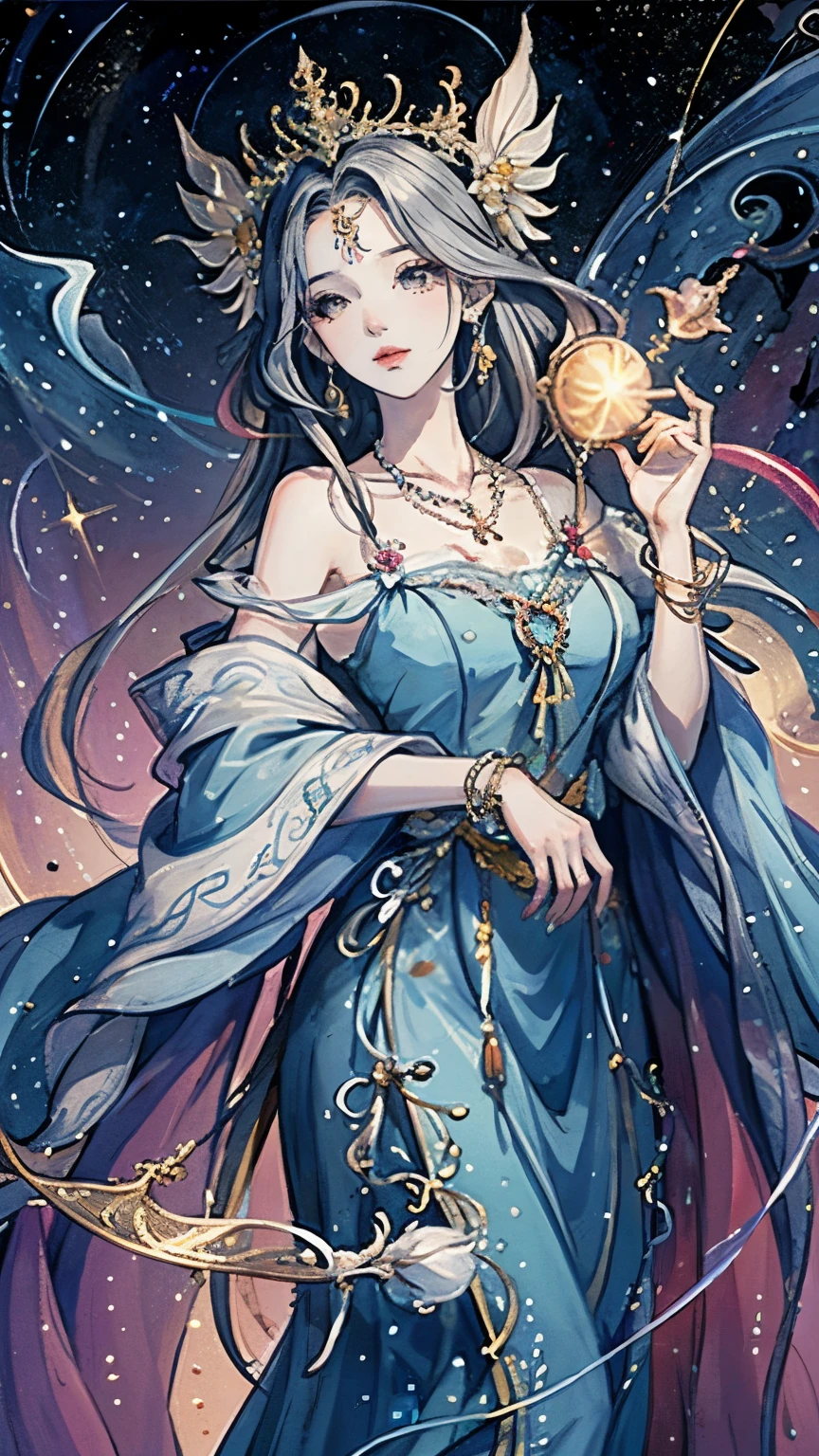 （masterpiece，Best Quality，High resolution, Unity8k wallpaper, Official Art), (One young beautiful girl), colorful, Detailed illustration art, Super detailed，Large Breasts, (Intertwined, Datura stramonium, Tangle), The Goddess, White lace dress, Silver Tiara, necklace, earrings, Gold Bracelet, Off the shoulder, Look at me and smile, Divine Light, Like a painting, flash drawing，Vibrant colors, Perfect Majic, Fantasy World, background, star雲, star, milky way, Detailed digital art, 