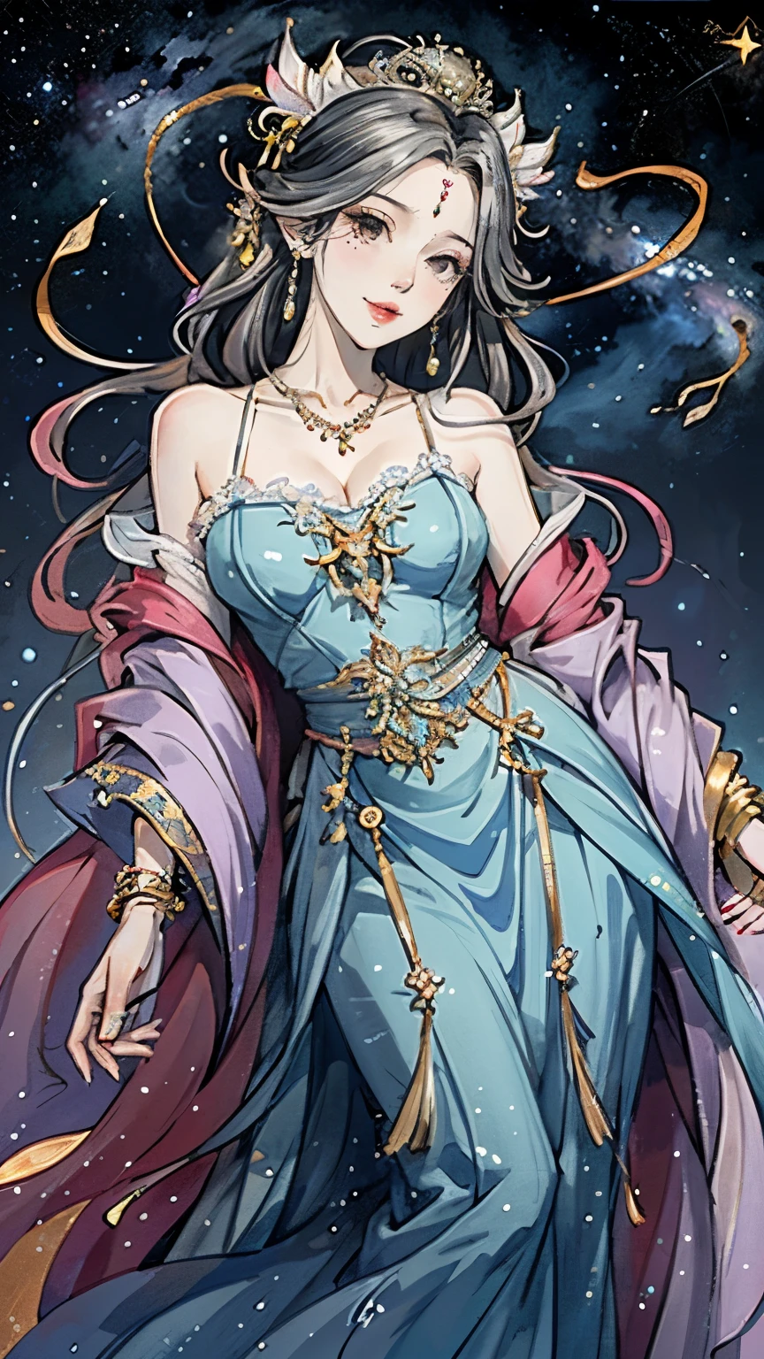 （masterpiece，Best Quality，High resolution, Unity8k wallpaper, Official Art), (One young beautiful girl), colorful, Detailed illustration art, Super detailed，Large Breasts, (Intertwined, Datura stramonium, Tangle), The Goddess, White lace dress, Silver Tiara, necklace, earrings, Gold Bracelet, Off the shoulder, Look at me and smile, Divine Light, Like a painting, flash drawing，Vibrant colors, Perfect Majic, Fantasy World, background, star雲, star, milky way, Detailed digital art, 