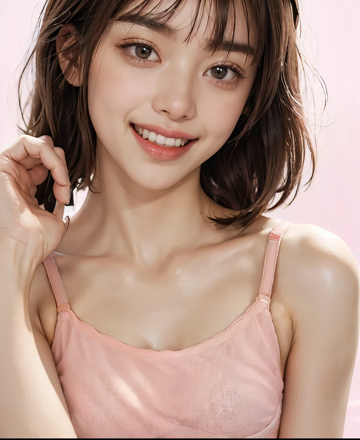 (((best quality))),(((ultra detailed))),(((masterpiece))),illustration,((1girl,solo)),(shoulder-length bob:1.2),(black hair:1.3),((bright eyes,flawless skin)),((slim,thin)),((small breasts,flat chest)),(dog collar with a bell:1.2),(strapless pink sheer bra:1.3),sweetheart neckline,innocent yet alluring,(In a pink princess theme bedroom:1.3),(colorful gift box:1.2),wonderful expression,big bows,festive atmosphere,balloons and streamers,sunlight streaming in,radiant smile,anticipation,joy and excitement,capturing a moment of pure happiness,((from front,close-up of face))