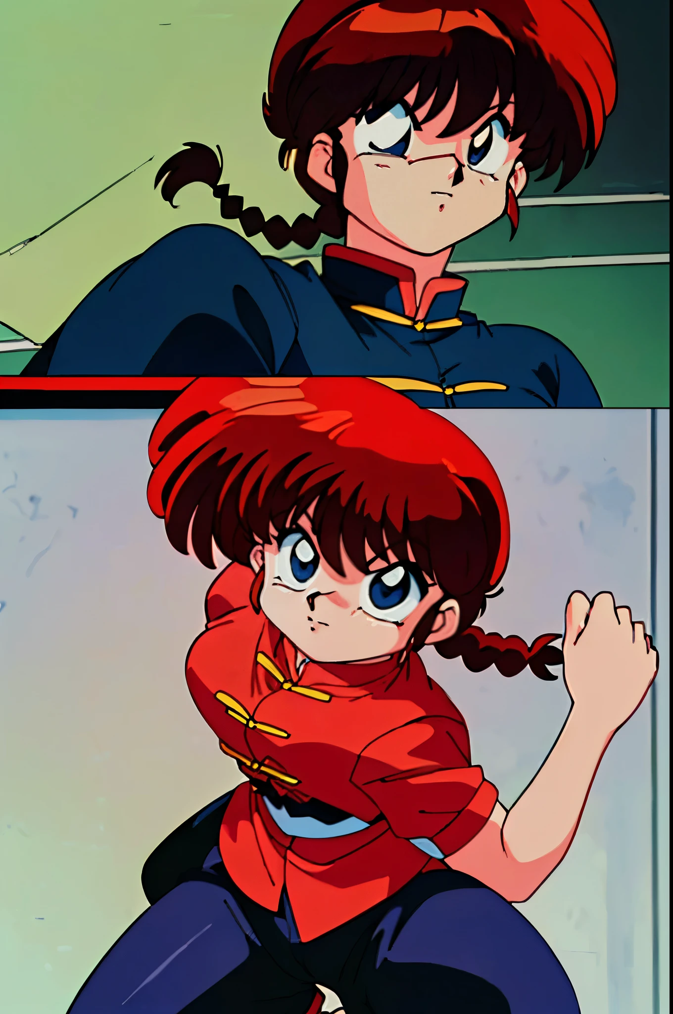 (masterpiece:1.3),(highest quality:1.4),(ultra detailed:1.5),High resolution,extremely detailed,unity 8k wallpaper,Official Art,Perfect Anatomy,(Anime screenshots:1.11),(90s Anime,90s Anime style,cell shaded anime:1.17),((solo:1.52)), 1990s \(style\),retro artstyle,((RanmaChan:1.52)),Chinese clothing,ranma red shirt,black pants,martial arts