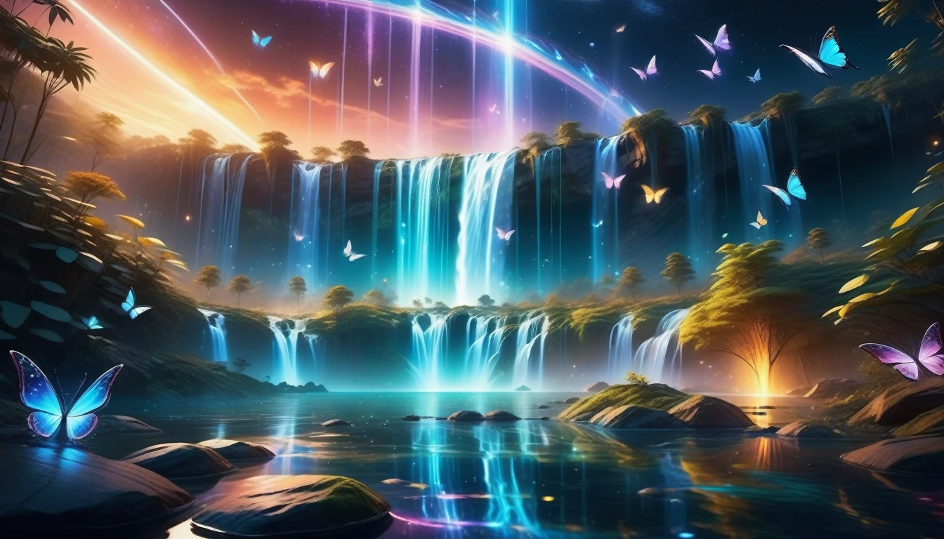 A Masterpiece In 32K Resolution, Supreme Quality, Super Detail, Official Art, Very High-Resolution 32K Wallpaper, Beautiful And Aesthetic, Ultra-Detailed Features, Awe-Inspiring Detail. Galactic Waterfalls With Glowing Butterflies - A Futuristic Scene Where Waterfalls Seem To Fall From The Stars, Glistening With Rainbow Hues And Casting Light Onto Floating Fireflies. The Cosmic Background Blends Beautifully With Glowing Water And Shimmering Ethereal Colors.