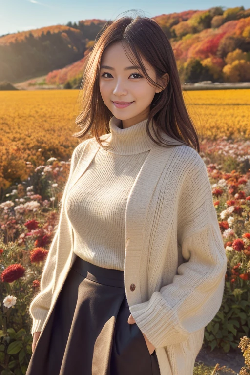 (masutepiece), (Best Quality), Realistic, Photorealism, 1girl, Beautiful woman, Perfect face, Perfect body、(Fashionable autumn clothes) , light smile, medium breast, Early morning sunlight, Her skirt flutters in the strong north wind, Vast autumn flower fields, realistic skin textures、high-level image quality、hight resolution、realistic、