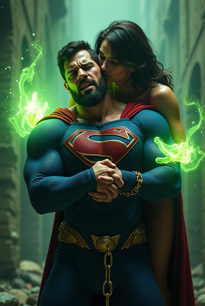 uhd, masterpiece, textured skin, super detail, high details, 8k, \(a muscular c3v4n4, with a short beard and short dark hair, dressed in a blue Superman costume with gold details, in his early 30s, with a small beard. He has a pained expression. He appears weak and in pain, with his eyes closed, bound by chains, front\)Woman hugging from behind, her hands glowing with green magical energy