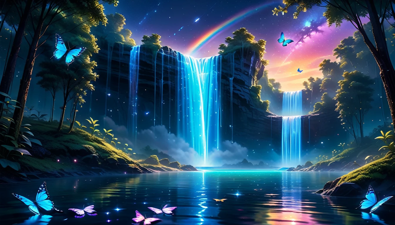 A Masterpiece In 32K Resolution, Supreme Quality, Super Detail, Official Art, Very High-Resolution 32K Wallpaper, Beautiful And Aesthetic, Ultra-Detailed Features, Awe-Inspiring Detail. Galactic Waterfalls With Glowing Butterflies - A Futuristic Scene Where Waterfalls Seem To Fall From The Stars, Glistening With Rainbow Hues And Casting Light Onto Floating Fireflies. The Cosmic Background Blends Beautifully With Glowing Water And Shimmering Ethereal Colors.