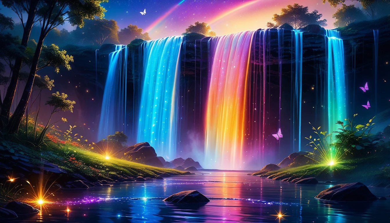 A Masterpiece In 32K Resolution, Supreme Quality, Super Detail, Official Art, Very High-Resolution 32K Wallpaper, Beautiful And Aesthetic, Ultra-Detailed Features, Awe-Inspiring Detail. Galactic Waterfalls With Glowing Butterflies - A Futuristic Scene Where Waterfalls Seem To Fall From The Stars, Glistening With Rainbow Hues And Casting Light Onto Floating Fireflies. The Cosmic Background Blends Beautifully With Glowing Water And Shimmering Ethereal Colors.