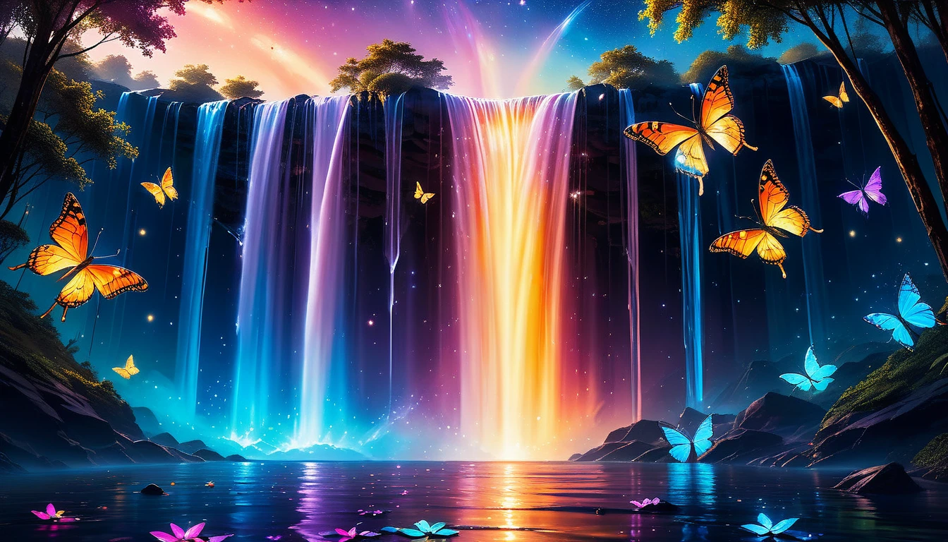 A Masterpiece In 32K Resolution, Supreme Quality, Super Detail, Official Art, Very High-Resolution 32K Wallpaper, Beautiful And Aesthetic, Ultra-Detailed Features, Awe-Inspiring Detail. Galactic Waterfalls With Glowing Butterflies - A Futuristic Scene Where Waterfalls Seem To Fall From The Stars, Glistening With Rainbow Hues And Casting Light Onto Floating Fireflies. The Cosmic Background Blends Beautifully With Glowing Water And Shimmering Ethereal Colors.