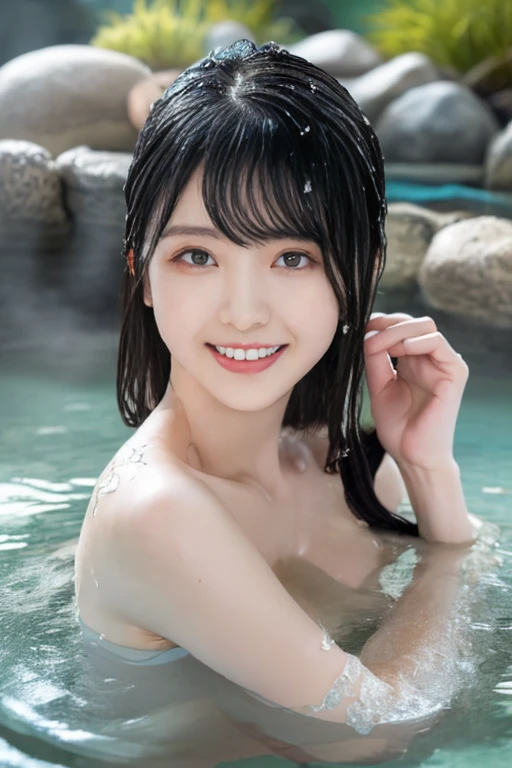 (8k、RAW Photos、Highest quality、masterpiece:1.2)、((naked、night、moonlight:1.3))、(Realistic、Realistic)、1 girl、((View from the front、smile、hot spring、Open-air bath、bamboo forest、Look at me and smile))、cute