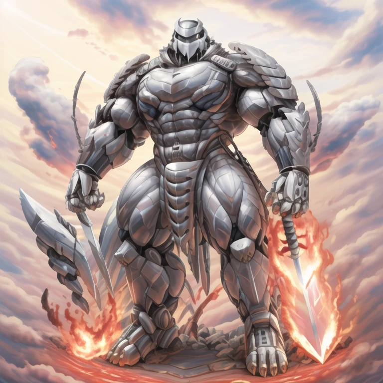 (masterpiece. official art. 8k. best quality. detailed full body. full body.)

(situation 1 : dominating Silver Samurai. Silver Samurai is over 1000 meters long. focus GIANT mechanical Muscular Silver Samurai is trampling the city. Looking down. macro. stomp. Low-angle perspective. emphasizing the immense size.)

(situation 2 :smoke and flames rising from the destruction in the city)

(Additional details 1: wearing a full-face helmet. high-tech bio-mecha armor. real texture material. whole body shines like metal. Wearing cyberpunk mecha. emphasizes the muscles. suit fully made of metal. intricate armor. Robotic suit. suit fully made of metal. cyborg. Powered exoskeleton with the same design as Silver Samurai).

(Additional details 2: (Detailed head. Detailed Body. Detailed abs. gigantic muscles. HYPER MUSCLES. Gigachad Muscular. big muscle. pecs. triceps. traps. unusually developed muscular body. body full of huge muscles. showing off muscles. pectorales enormes. Exaggeratedly huge muscles. huge muscles. long legs.).

(Additional details 3: NJfurry. silver samurai wears a long silver cloak.The claws are sharp. 5 toes.).

(Additional details 5: melee weapon, weapon, armor, plate armor, sword, floating weapon, anthro, knight, clothing, helmet, detailed background, white fur, claws,)

(Silver Samurai, full armor, cyborg, science fiction, combat helmet)
(robot, mecha, holding, holding armor, holding weapon,)