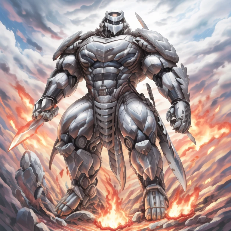 (masterpiece. official art. 8k. best quality. detailed full body. full body.)

(situation 1 : dominating Silver Samurai. Silver Samurai is over 1000 meters long. focus GIANT mechanical Muscular Silver Samurai is trampling the city. Looking down. macro. stomp. Low-angle perspective. emphasizing the immense size.)

(situation 2 :smoke and flames rising from the destruction in the city)

(Additional details 1: wearing a full-face helmet. high-tech bio-mecha armor. real texture material. whole body shines like metal. Wearing cyberpunk mecha. emphasizes the muscles. suit fully made of metal. intricate armor. Robotic suit. suit fully made of metal. cyborg. Powered exoskeleton with the same design as Silver Samurai).

(Additional details 2: (Detailed head. Detailed Body. Detailed abs. gigantic muscles. HYPER MUSCLES. Gigachad Muscular. big muscle. pecs. triceps. traps. unusually developed muscular body. body full of huge muscles. showing off muscles. pectorales enormes. Exaggeratedly huge muscles. huge muscles. long legs.).

(Additional details 3: NJfurry. silver samurai wears a long silver cloak.The claws are sharp. 5 toes.).

(Additional details 5: melee weapon, weapon, armor, plate armor, sword, floating weapon, anthro, knight, clothing, helmet, detailed background, white fur, claws,)

(Silver Samurai, full armor, cyborg, science fiction, combat helmet)
(robot, mecha, holding, holding armor, holding weapon,)