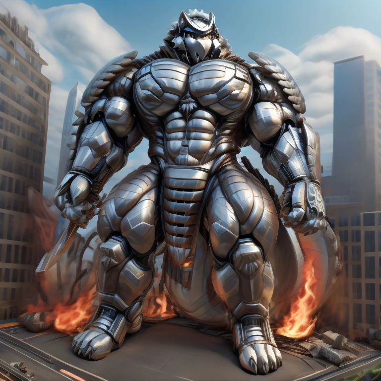 - Silver Samurai
- masterpiece. official art. 8k. best quality. detailed full body. full body.

- dominating Silver Samurai. Silver Samurai is over 1000 meters long. focus GIANT mechanical Muscular Silver Samurai is trampling the city. Looking down. macro. stomp. Low-angle perspective. emphasizing the immense size.

- smoke and flames rising from the destruction in the city)

- wearing a full-face helmet. high-tech bio-mecha armor. real texture material. whole body shines like metal. Wearing cyberpunk mecha. emphasizes the muscles. suit fully made of metal. intricate armor. Robotic suit. suit fully made of metal. cyborg. Powered exoskeleton with the same design as Silver Samurai.

- Detailed head. Detailed Body. Detailed abs. gigantic muscles. HYPER MUSCLES. Gigachad Muscular. big muscle. pecs. triceps. traps. unusually developed muscular body. body full of huge muscles. showing off muscles. pectorales enormes. Exaggeratedly huge muscles. huge muscles. long legs.

-NJfurry. silver samurai wears a long silver cloak.The claws are sharp. 5 toes.

- melee weapon, weapon, armor, plate armor, sword, floating weapon, anthro, knight, clothing, helmet, detailed background, white fur, claws, dragon pauldron,

- Silver Samurai, full armor, cyborg, science fiction, combat helmet, 
- robot, mecha, holding, holding armor, holding weapon

- by null-ghost
- HorkeuKamui (TAS), (big muscle:1.3), (big pecs:1.3)