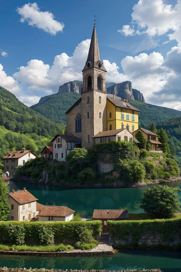 Prompts Upscaling by keeping the same girl as the central character and adapting her clothing to the environment. Replace the setting with a picturesque alpine village scene set next to a clear turquoise lake, surrounded by imposing green mountains. The village has charming traditional European-style buildings with wooden balconies., Colourful facades and steep roofs. in the foreground, near the water&#39;s edge, There stands a church with a tall, pointed bell tower., beautifully reflected in the calm surface of the lake. Small boats and docks can be seen along the seafront., and lush green trees and shrubs dot the landscape. The background is dominated by a majestic and steep mountain, with misty clouds gently embracing its summit. The general atmosphere is calm, with vibrant colors under the bright sunlight. evoking a serene and idyllic travel destination in a European countryside.