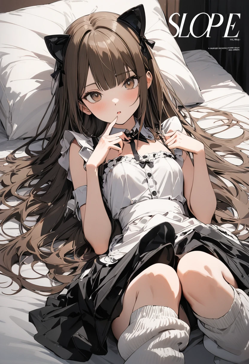 (cover of a fashion magazine:1.1),(1 girl,slim,Small breasts,Long brown straight hair,Side bangs,slope_eye),(Maid_costume_play),(loose socks),Conceptual Art, masterpiece, Super detailed, Attention to detail, High image quality,highest quality, High resolution,Lying,wants me,in bed,wants my kiss,aroused