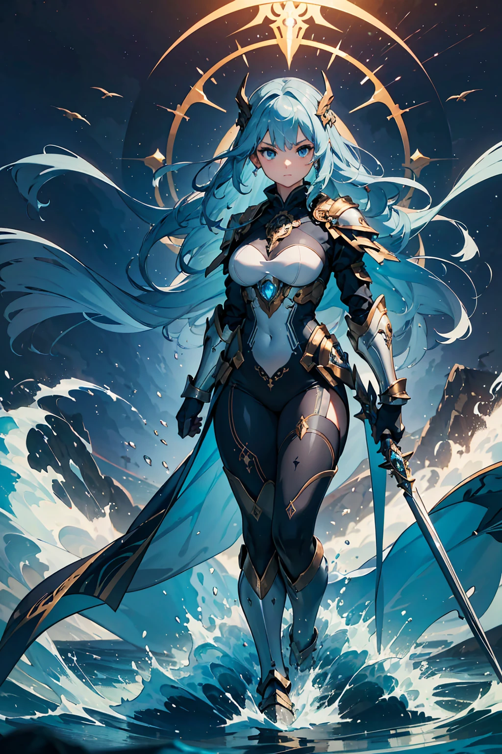 (((masterpiece, best quality, high detailed, 16k))) (1girl) A majestic and powerful woman with long, flowing sea-green hair, eyes that shimmer like deep ocean waters, and an aura of authority that commands the seas. Her face is serene yet fierce, embodying the essence of the oceans she controls. Her armor is an advanced high-tech masterpiece, shimmering in hues of blue, silver, and gold, with designs inspired by ancient oceanic deities. The armor is sleek yet robust, with intricate patterns resembling waves and marine life, and it radiates with a faint glow, as though infused with the power of the sea.

In her hand, she wields a massive, high-tech trident, its three prongs glowing with a powerful blue energy. The trident crackles with electrical currents, capable of summoning tsunamis and controlling aquatic life. The weapon is adorned with advanced technology, seamlessly blended with ancient symbols of Poseidon. Her cape flows behind her, reminiscent of cascading water, and her armor is reinforced with nanotechnology, enhancing her strength and ability to manipulate water.

The environment around her is an underwater kingdom, with corals, marine creatures, and shimmering sunlight filtering through the water, creating a scene of awe and wonder. Waves crash and swirl around her, bending to her will, as she stands tall with her trident raised high.

((full body front view)), (extremely detailed:1.5), (high-tech trident, oceanic armor, commanding presence)
