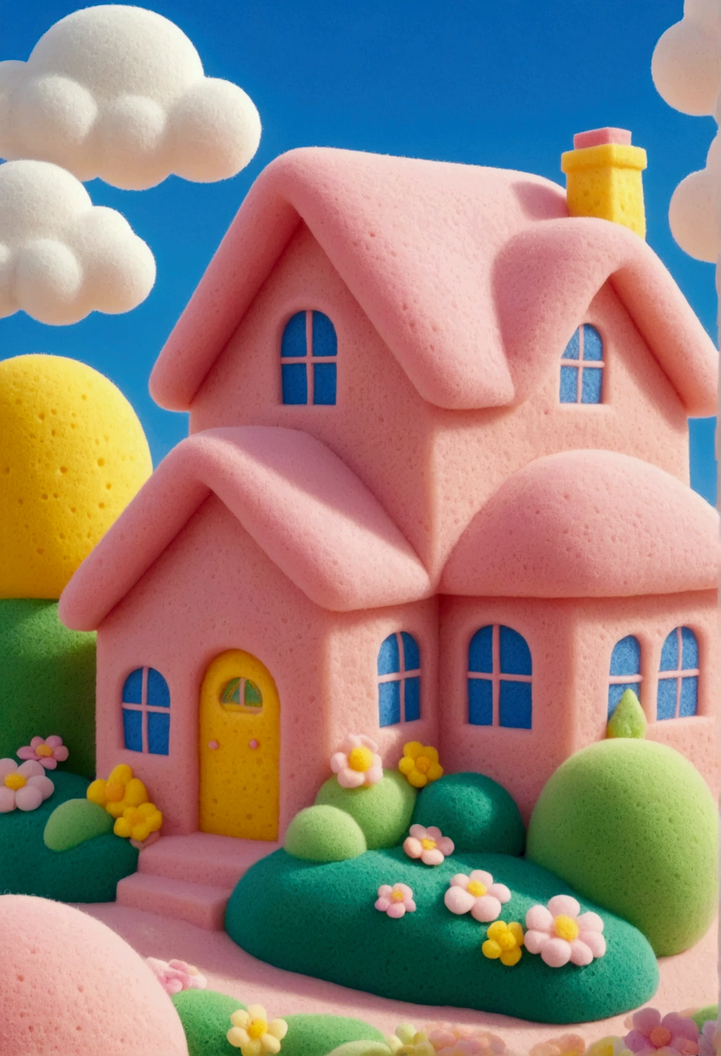 There is a house，There is a pink roof and a, cute，Very strong sponge texture，Rich details
