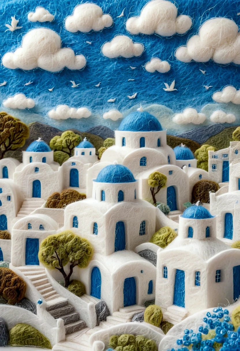 very strong felt style:1.59.Greek Fantasy Panorama, greek fantasy landscape, Baishi Ancient City, Beautiful details miniature, Blue! and white, Blue and white