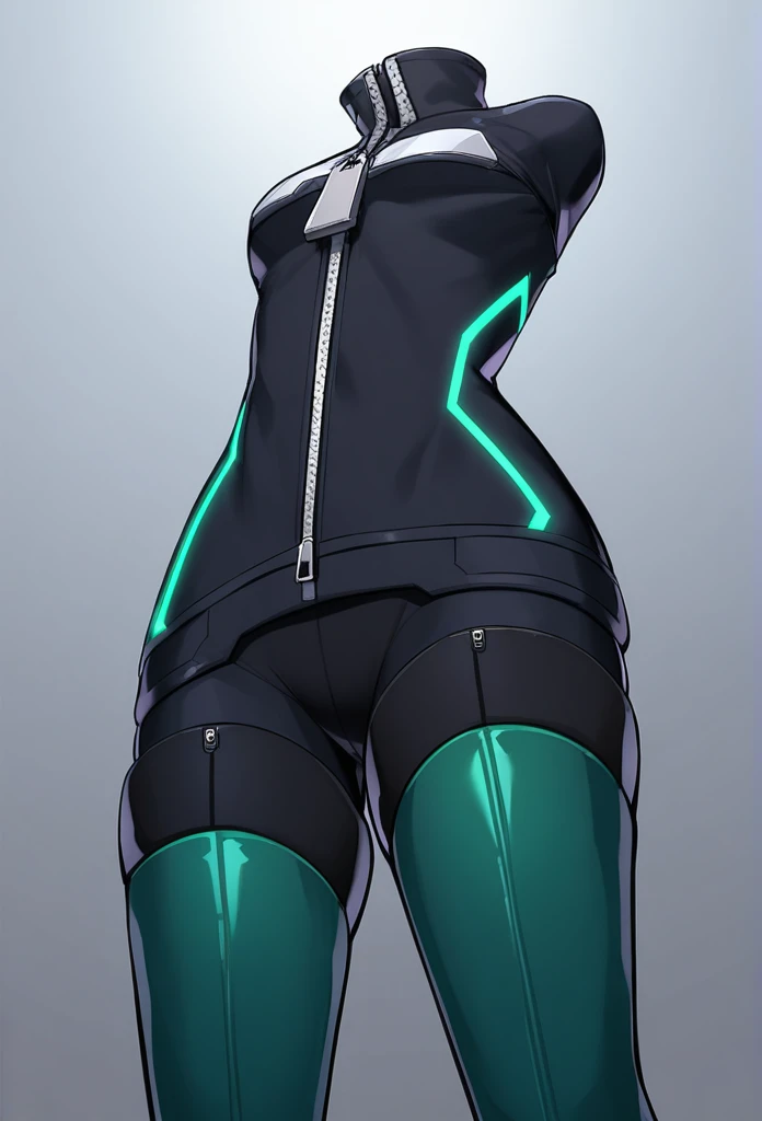 A futuristic, stylized black jacket with a large silver zipper, open halfway, revealing a form-fitting top underneath. The character's arms are floating, disjointed but still attached to black gloves. Below, there are tight black shorts and sleek, green knee-high leggings, giving a sci-fi or robotic vibe.
