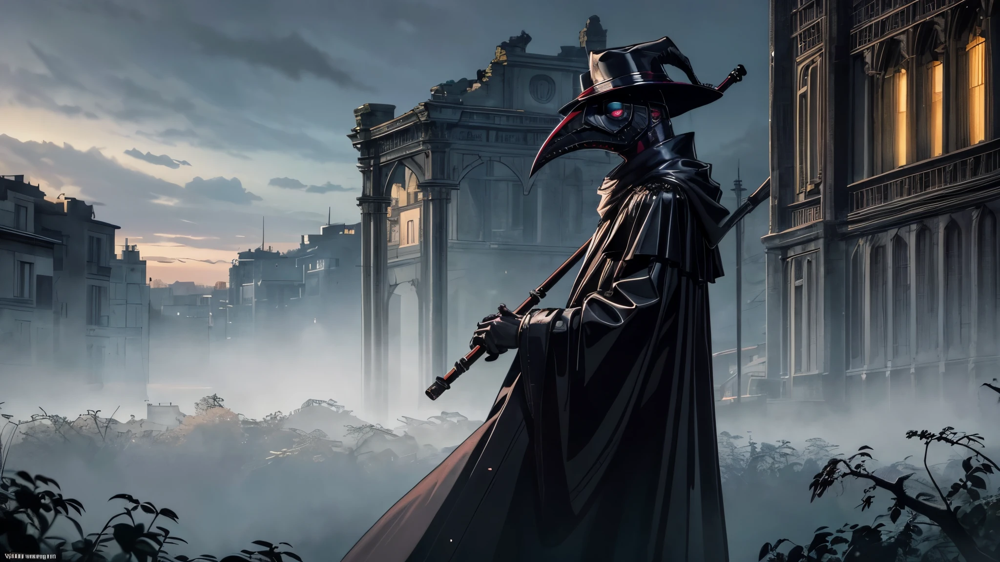 Beautiful, (masutepiece:1.2), (Best Quality:1.2), Realistic, dark atmosphire, darksynthwave, Perfect eyes, Perfect face, Perfect Lighting, (1boy:1.2), plague doctor, Mask, Plague Doctor Mask, Faceless, With a cane, Evil atmosphere, skull belt,silk hat, chain, Black veil, trench coat, beaked mask, volume illumination:1.1, darkness, (detail: 1.2), cana, Floating particles, (depth of fields), High quality, Fujifilm 85mm, Ruins, landscape, highly detailed back ground, Nightmare, 8K, Convoluted, Grip, Mysterious,Black fog, Leather handbags,