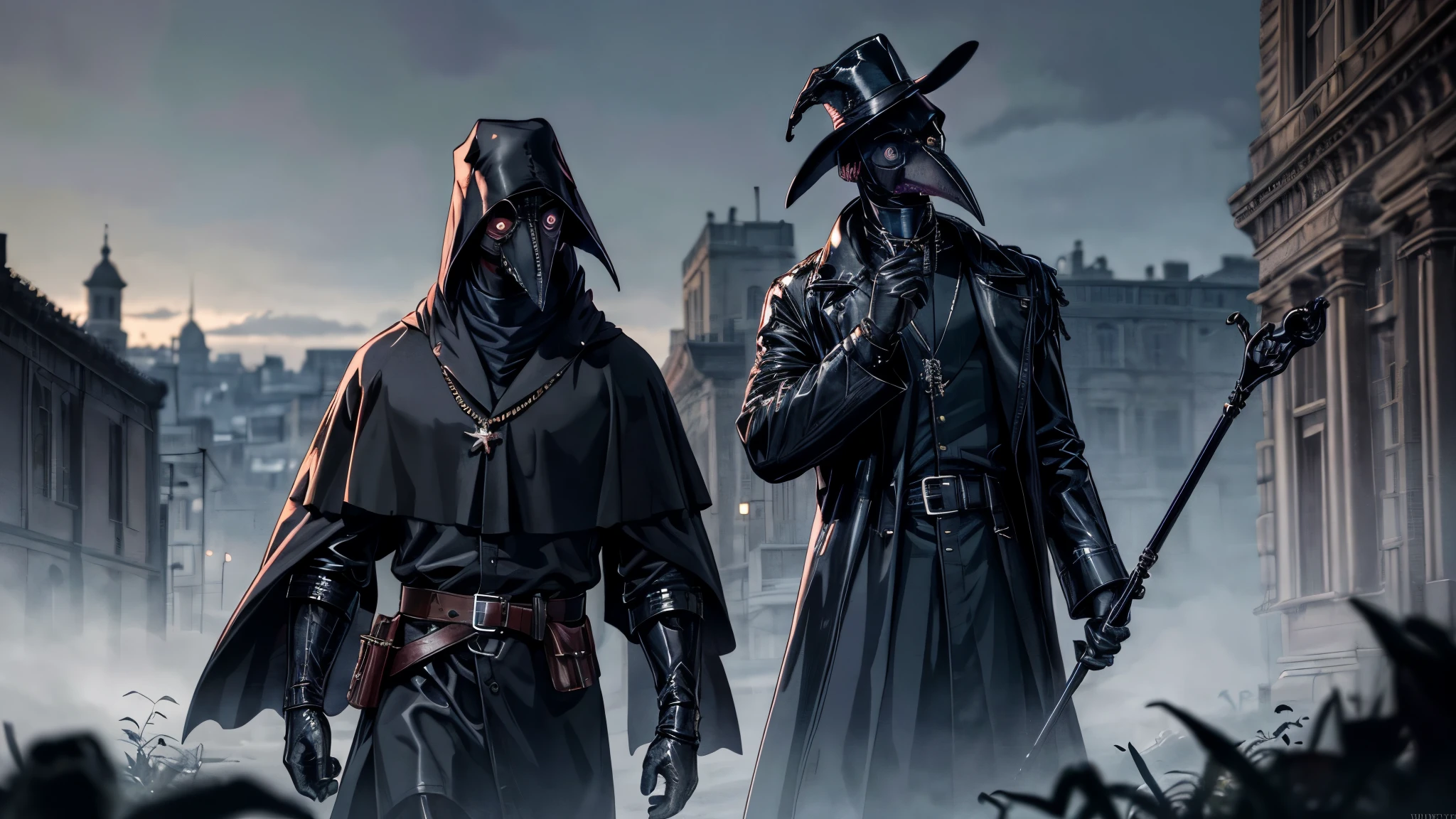 Beautiful, (masutepiece:1.2), (Best Quality:1.2), Realistic, dark atmosphire, darksynthwave, Perfect eyes, Perfect face, Perfect Lighting, (1boy:1.2), plague doctor, Mask, Plague Doctor Mask, Faceless, With a cane, Evil atmosphere, skull belt,silk hat, chain, Black veil, trench coat, beaked mask, volume illumination:1.1, darkness, (detail: 1.2), cana, Floating particles, (depth of fields), High quality, Fujifilm 85mm, Ruins, landscape, highly detailed back ground, Nightmare, 8K, Convoluted, Grip, Mysterious,Black fog, Leather handbags,dark