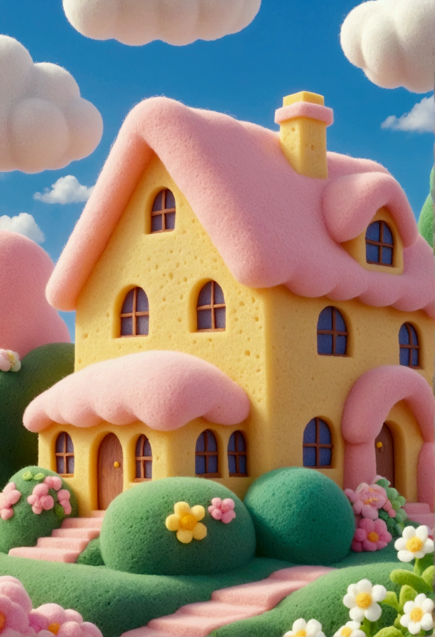 There is a house，There is a pink roof and a, cute，Very strong sponge texture，Rich details，Elegant and soft tones
