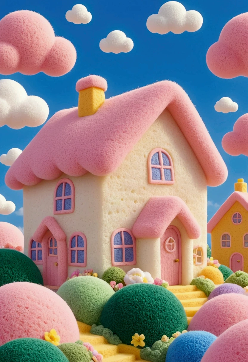 There is a house，There is a pink roof and a, cute，Very strong sponge texture，Rich details，Elegant and soft tones
