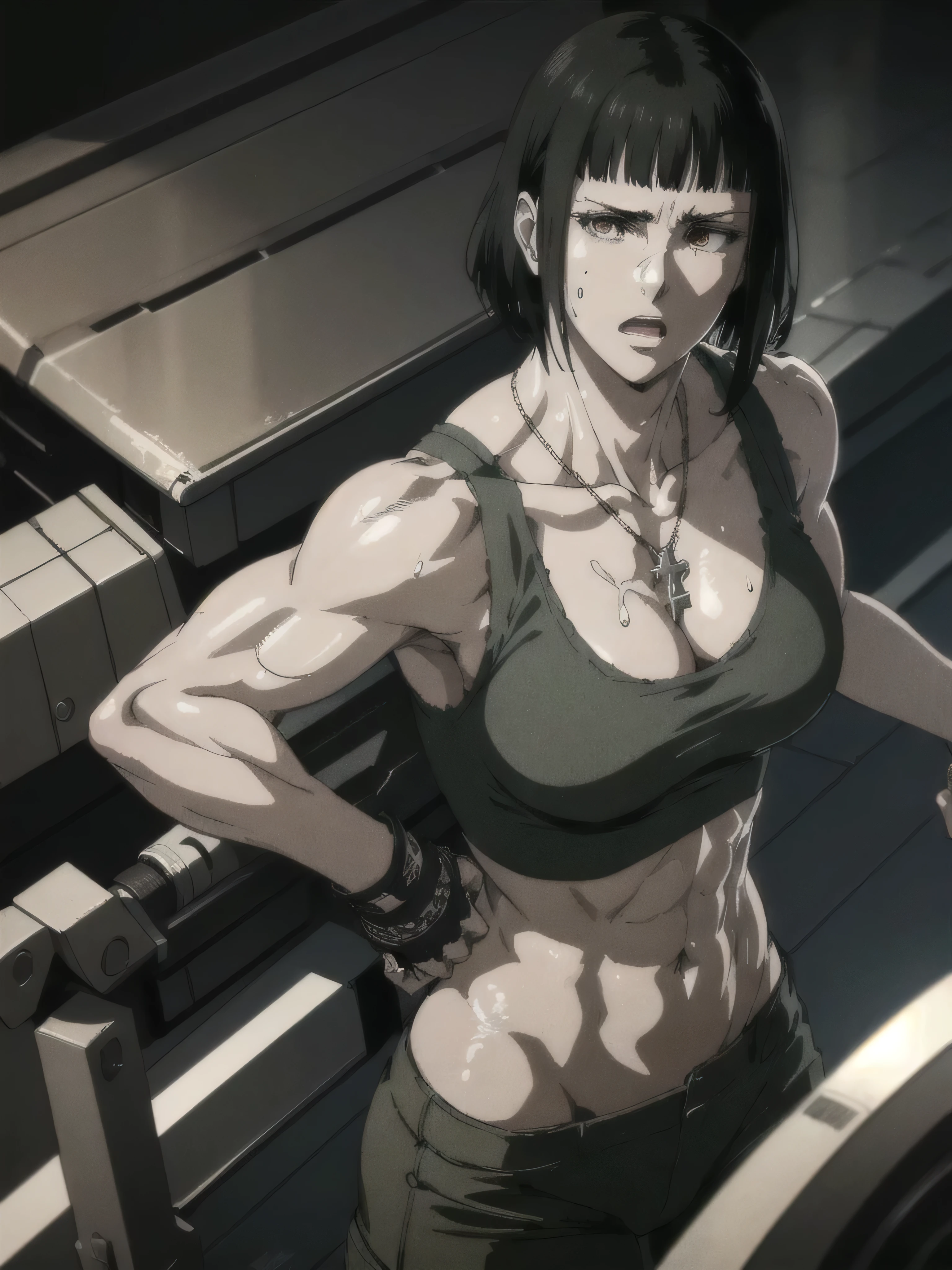 (best quality,ultra-detailed,realistic:1.37),1 girl, musclaur badass girl with sculpted body with preview her musclaur body and six-pack, full review of the female character's face and body, intense expression, strong and confident posture, studio lighting, vivid colors, physiologically-based rendering, grungy texture, rugged background, dust particles in the air, commanding presence, professional, powerful, gritty aesthetics,,Valmet،short hair,necklace,Light reflection on shoulders,Sweat in muscles،،wearing military underwear and midriff tank top, tattoos on shoulders, wearing a boxing gloves