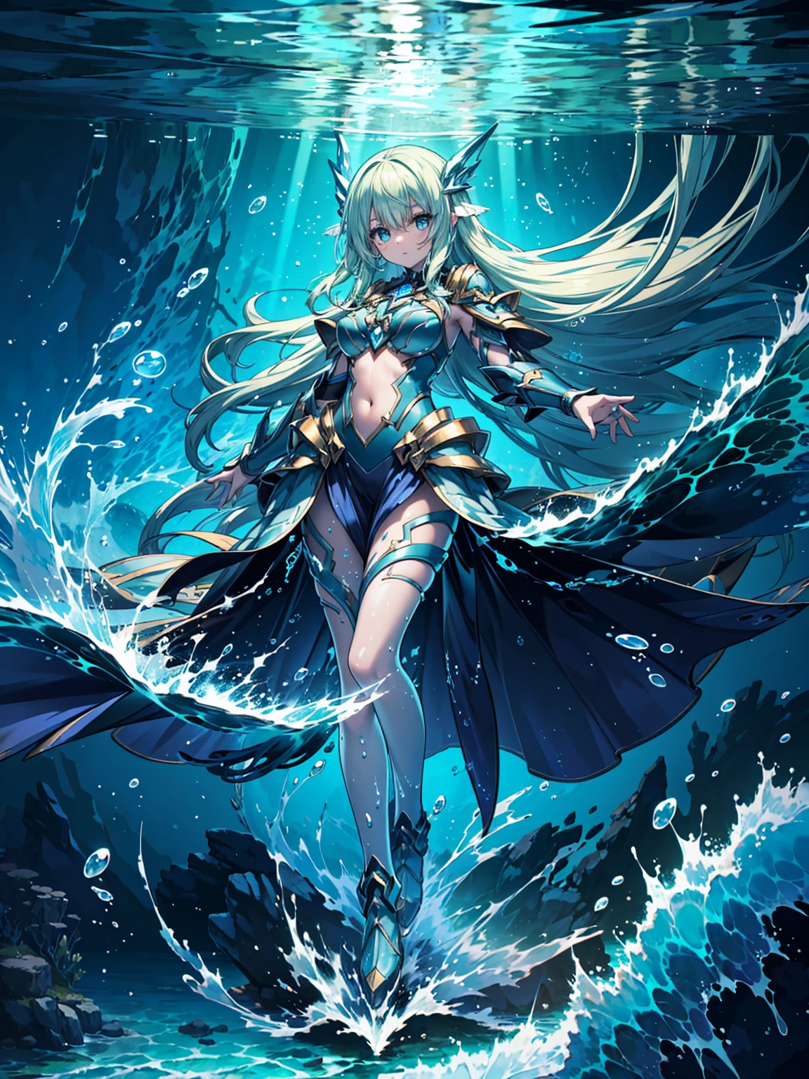 (((masterpiece, best quality, high detailed, 16k))) (1girl) A majestic and powerful woman with long, flowing sea-green hair, eyes that shimmer like deep ocean waters, and an aura of authority that commands the seas. Her face is serene yet fierce, embodying the essence of the oceans she controls. Her armor is an advanced high-tech masterpiece, shimmering in hues of blue, silver, and gold, with designs inspired by ancient oceanic deities. The armor is sleek yet robust, with intricate patterns resembling waves and marine life, and it radiates with a faint glow, as though infused with the power of the sea.

In her hand, she wields a massive, high-tech trident, its three prongs glowing with a powerful blue energy. The trident crackles with electrical currents, capable of summoning tsunamis and controlling aquatic life. The weapon is adorned with advanced technology, seamlessly blended with ancient symbols of Poseidon. Her cape flows behind her, reminiscent of cascading water, and her armor is reinforced with nanotechnology, enhancing her strength and ability to manipulate water.

The environment around her is an underwater kingdom, with corals, marine creatures, and shimmering sunlight filtering through the water, creating a scene of awe and wonder. Waves crash and swirl around her, bending to her will, as she stands tall with her trident raised high.

((full body front view)), (extremely detailed:1.5), (high-tech trident, oceanic armor, commanding presence)
