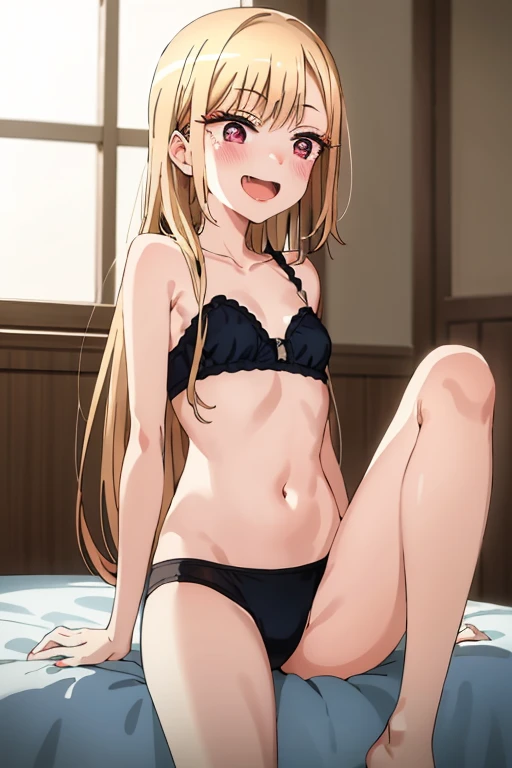 ((Best Quality)), ((masterpiece)), (be familiar with), Perfect Face, indoor, bedroom, Watching the audience,
One woman, Kitagawa Marin,
Open Mouth, Ecstatic expression, blush, smile,
Small breasts, Flat Chest, , , child, Girl,
Long Hair, Long Hair,
Leg spread,