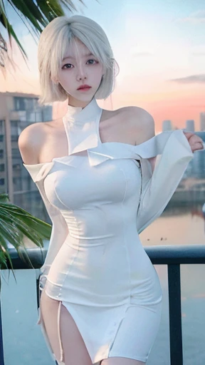 Beautiful woman with perfect figure:1.4,4K,Supermarket background,Big Breasts,cute,Ultra-high resolution,Seductive laughter,White legs,(Lifelike:1.4),Layered hairstyle,White skin,Dress outfit,whole body,Very delicate face and skin texture,Double eyelids,Skin Whitening,White hair,