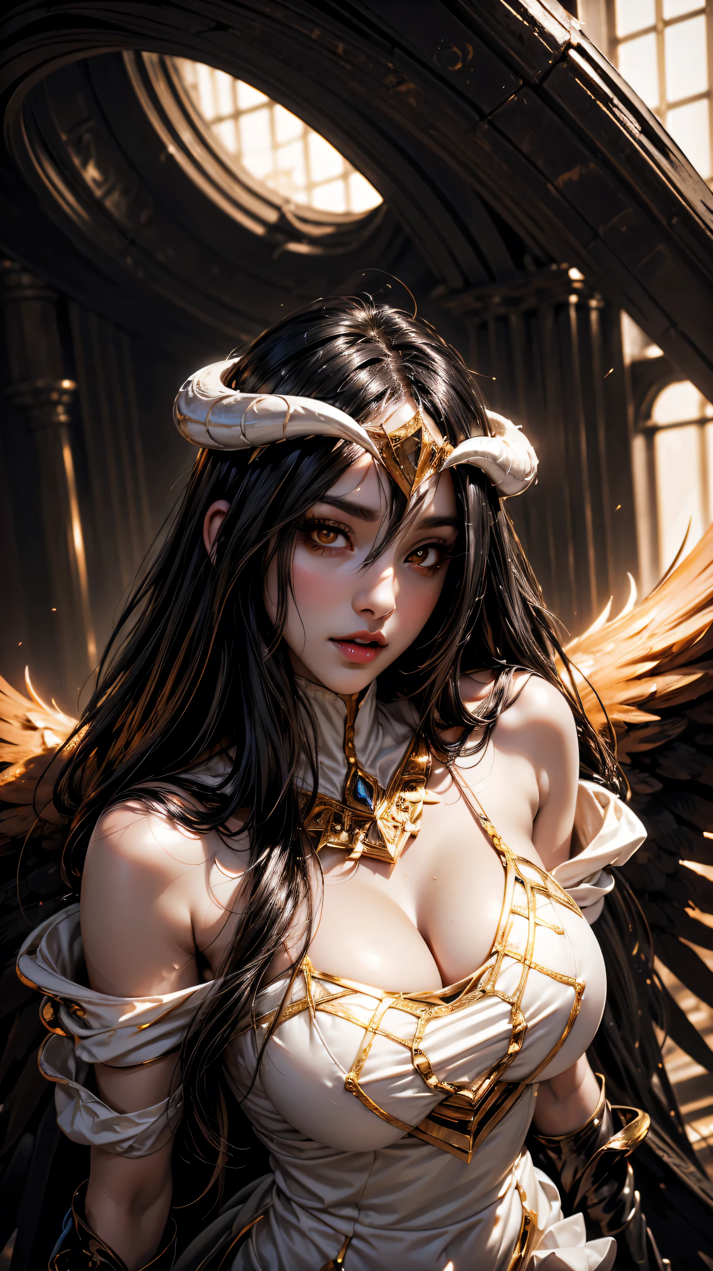 A (super realistic) beautiful sexy woman(albedo _overlord) with (glossy orange colour eyes(perfect detailing) and white attire(detailed) with gold jewellery on breast, beautiful breast, black long beautiful hair, hyper detailed black wings (every thing with best detailing)