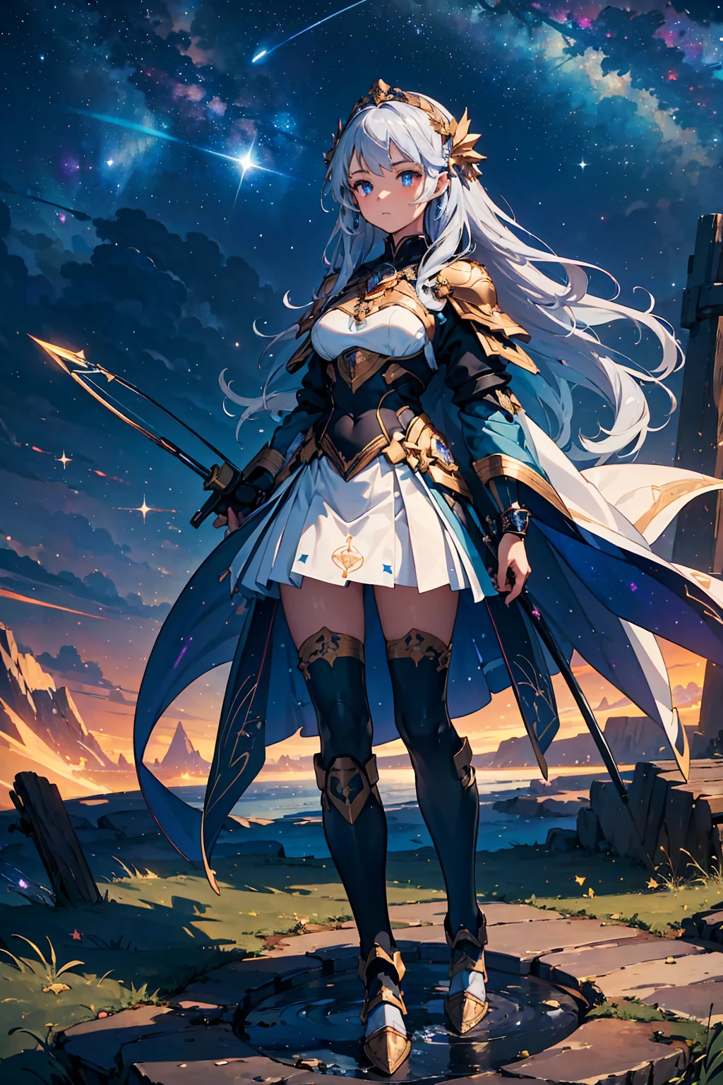 (((masterpiece, best quality, high detailed, 16k))) (1girl) A breathtakingly beautiful woman with long silver hair that shimmers like stardust and glowing blue eyes that reflect the cosmos. She wields a glowing cosmic bow made of starlight, and her arrows are crafted from the light of distant stars. Her ethereal armor glows with astral energy, adorned with constellations and swirling cosmic patterns. Astra stands poised with her bow drawn, ready to release an arrow that bends space and time. The background is a breathtaking view of the vastness of space, with stars, galaxies, and nebulae filling the night sky. ((full body front view)), (extremely detailed:1.5), (cosmic bow, celestial armor, starry sky)
