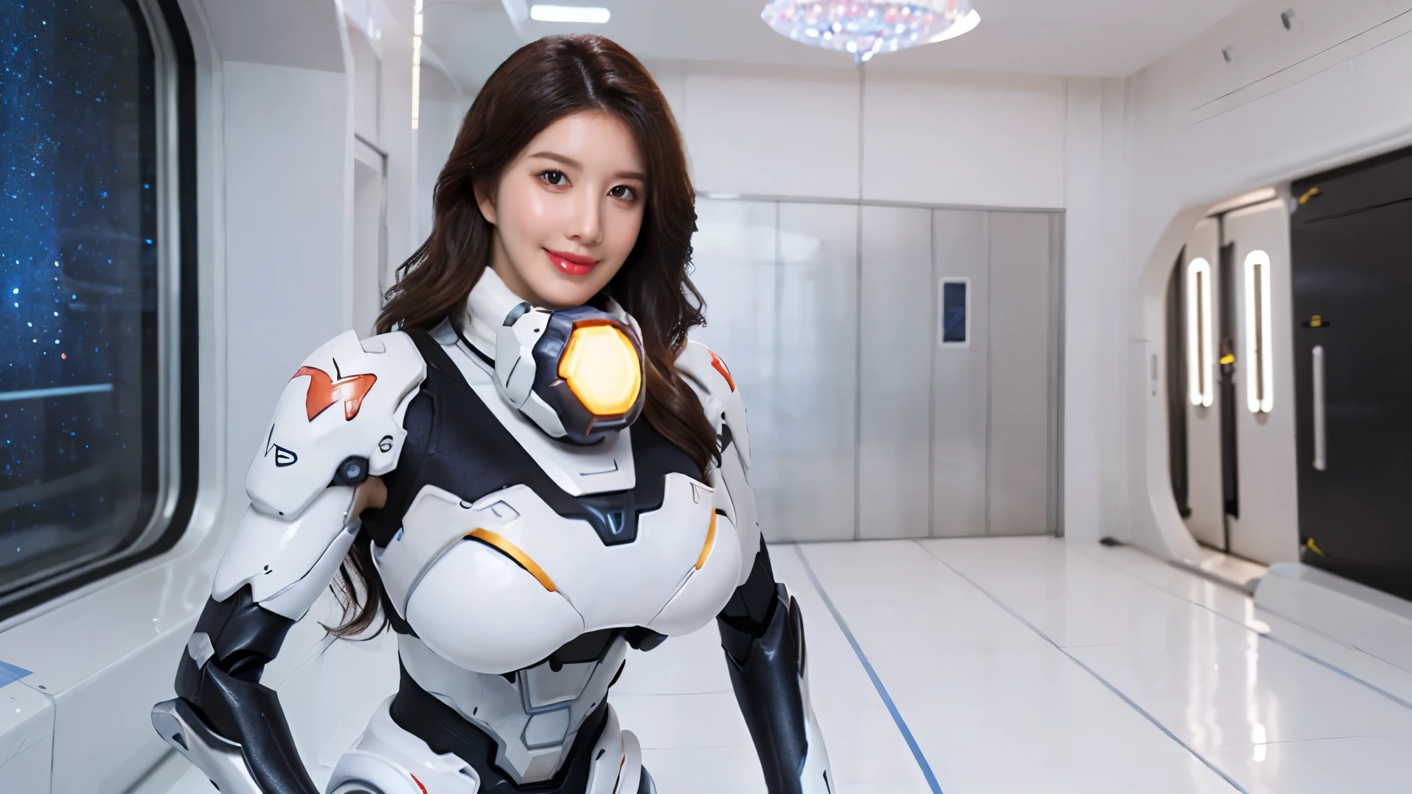 A beauty girl with (wavy long hair:1.7), mecha_musume, 1GIRL, (CLOSE UP UPPER BODY:0.8), (COWBOY SHOT PORTRAIT:1.4), ((HUGE FAKE BREASTS:1.5)), (11 line ABS:1.3), ((MECHA GUARD ARM, MECHA GUARD SHOULDER CRYSTAL CORE:1.2)), (SHINY CRYSTAL CORE ON MECHA STARRY SKY ARMOR FORM OVERWATCH,BLACK MECHA SKINTIGHT BABES BATTLESUIT:1.5), (MUSCULAR HOURGLASS BODY SHAPE, GLOWING BODY PALE SKIN:1.3), (LOOKING AT VIEWER:1.5), (HALLWAY OF FUTURISTIC SPACE STATION:1.3), (BRIGHT LIGHT WHITE_ROOM:1.3), HYPER TEXTURE, UNREAL ENGINE RENDER, PHYSICALLY-BASED RENDERING, ULTRA HIGHT DEFINITION, 16K, DSLR, 1080P.