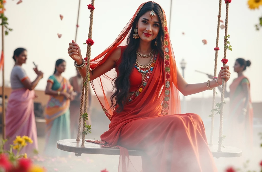 (photorealism:1.2), beautiful woman, sitting on swing, swing decorated with flowers , teej festival , colour full background, women in red sari, plaing dhol, dancing background , live food counter of jerry , 