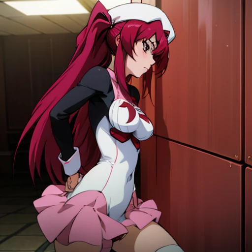 anime girl with red hair and white hat standing in the room, rule 34, Ikki Tousen, meat anime style, boobs, humanoid pink female squid girl, only, gasped, Udonai-Inaba travel, meat, top rating on pixiv, Yuri Misaki, Revy Black Lagoon, ponytail, big black guy fucks girl , black dick, Correct anatomy, Double check your anatomy, girl in a dress