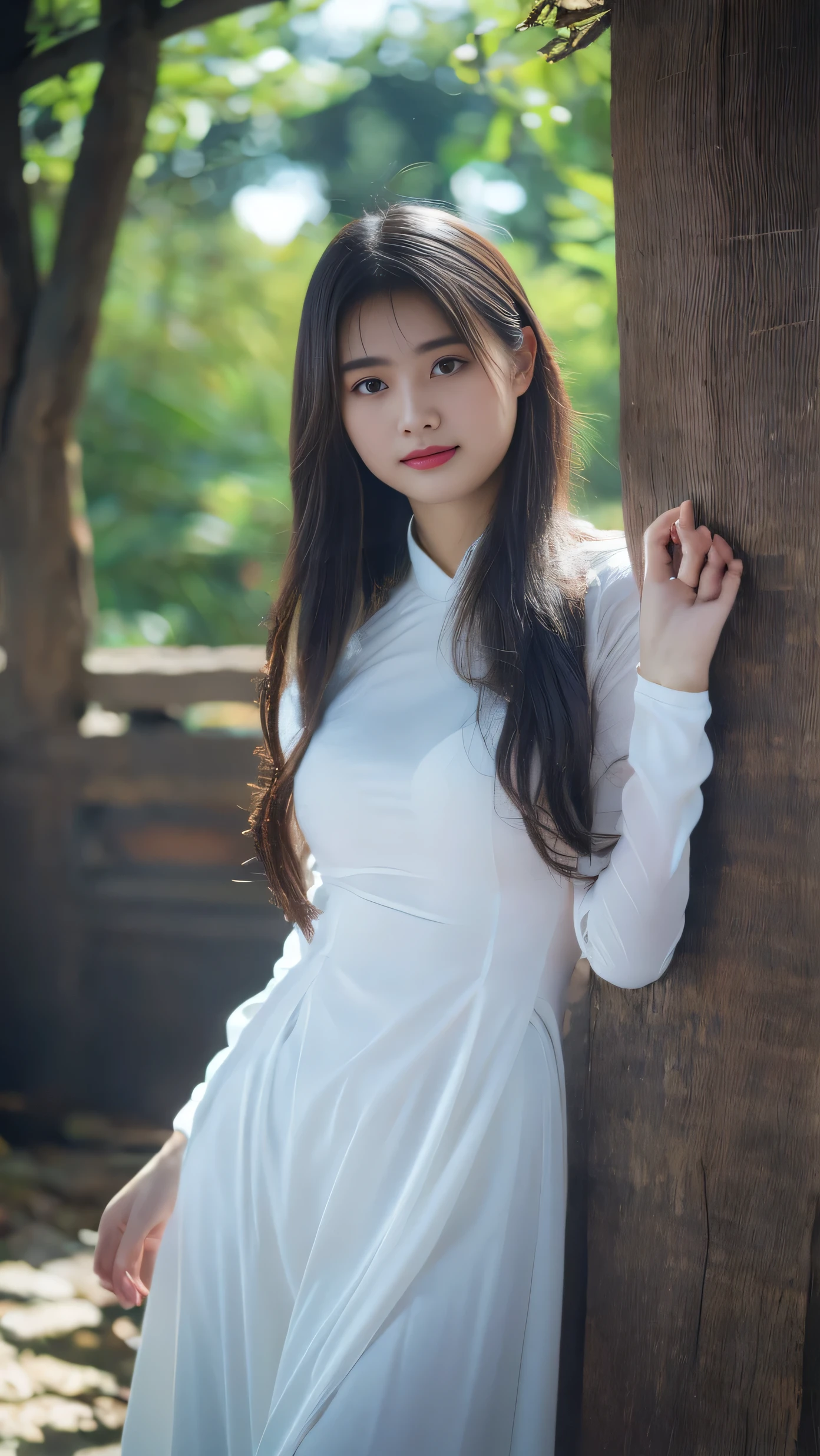 2, Beautiful woman, Clothes are not removed, smile:1.2, Looking at the camera, (Big Breasts, G-Cup, aodai, white dress):1.5, Narrow waist, (Beautiful Skin), (Beautiful Eyes), (Detailed skin:1.2), RAW Photos, Complex, Sharp focus, ((((Cinematic look)))), Insane Details, Ultra-detailed, Low contrast, Exposure Blending, High resolution, shadow, 超High resolution, Best Quality, masterpiece, ((Color images)), shadow, (Best Quality:1.2), (Very detailed:1.1), The background is a bit blurred:1.5, garden,