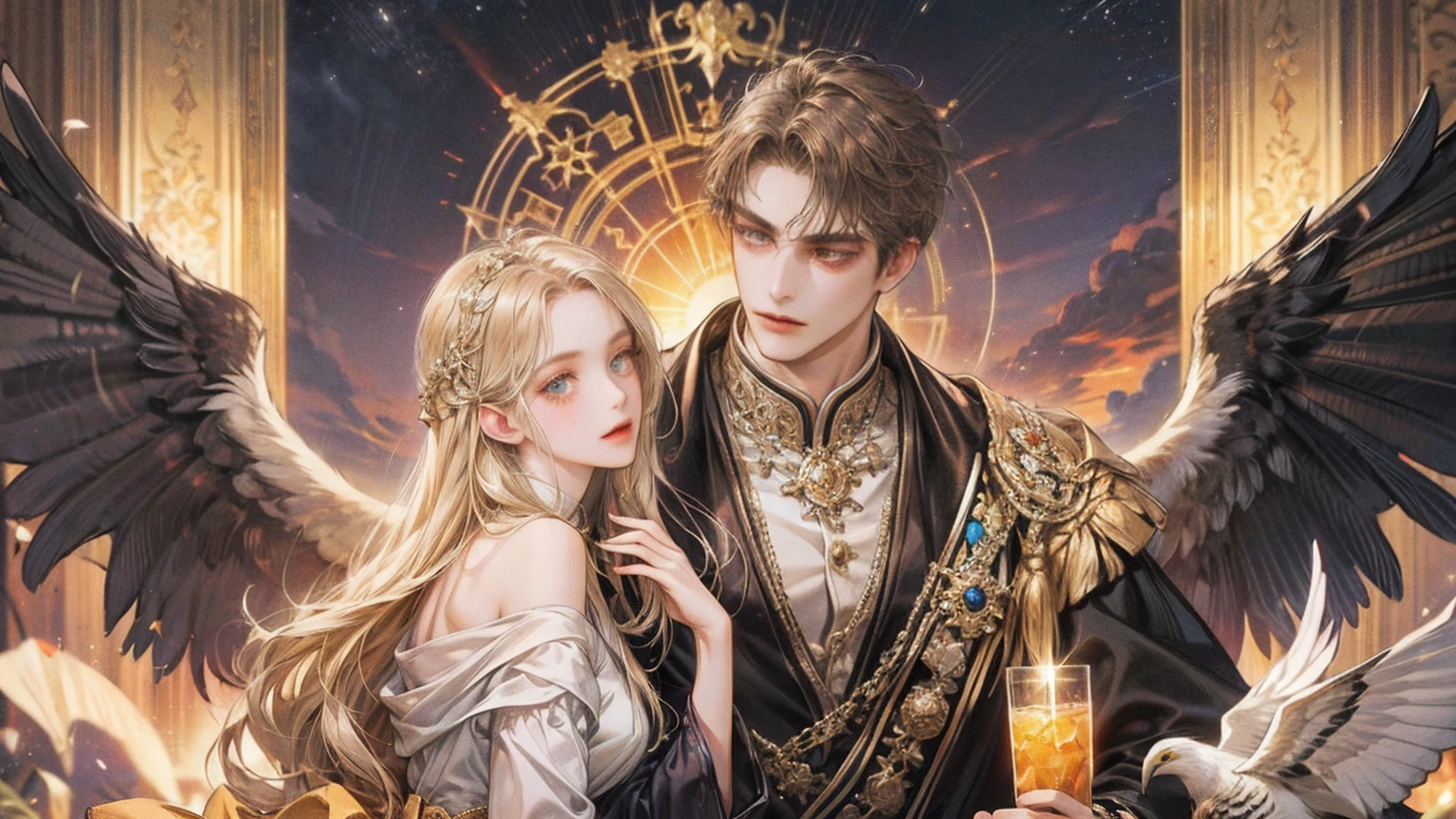 Realstic, (Masterpiece, premier quality, Best quality, Art officiel, beautiful and aesthetic:1.2), Extremely detailed,Art fractal,colourfull,Most Detailed,Zentangle,(Contexte abstrait:1.3)
Scam style, (1boy:1.3), (Golden birds),
silver-haired, Yeux brillants, Handsome Muscular hair straightened back, Cheveux courts, Robe noire,