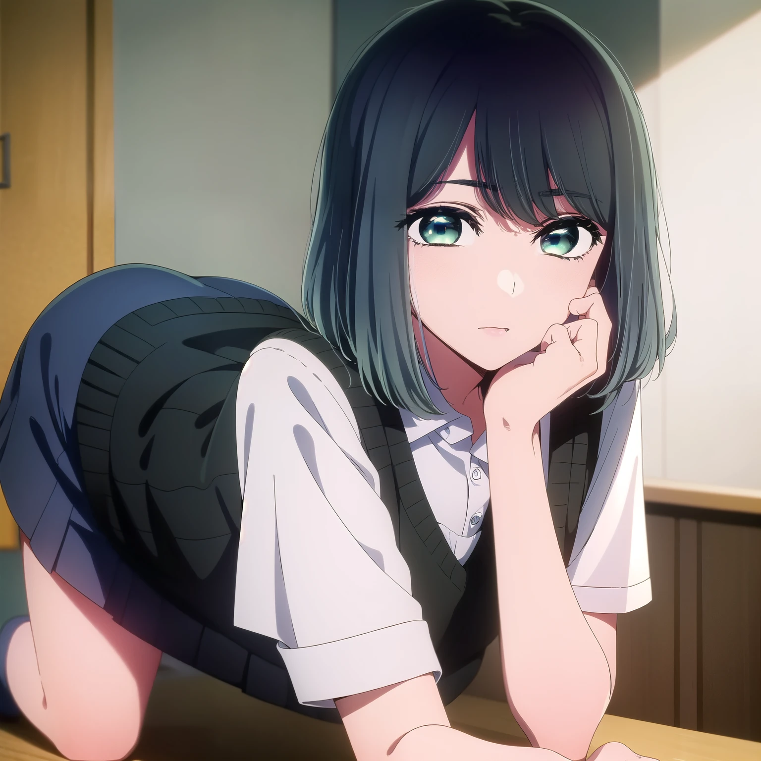 My Favorite ,Akane Kurokawa, bangs, (Green Eyes:1.3), Medium Hair, dark hair,Blue Hair, ((Alone)),School uniform, White shirt, Black vest, indoor, classroom,looking at viewer,(masterpiece:1.2), Best Quality, High resolution, (Illustration:0.8), (Beautiful detailed eyes:1.6), Highly detailed face, Extremely detailed CG, (Perfect hands, Perfect Anatomy),Voluptuous body,(On all fours)