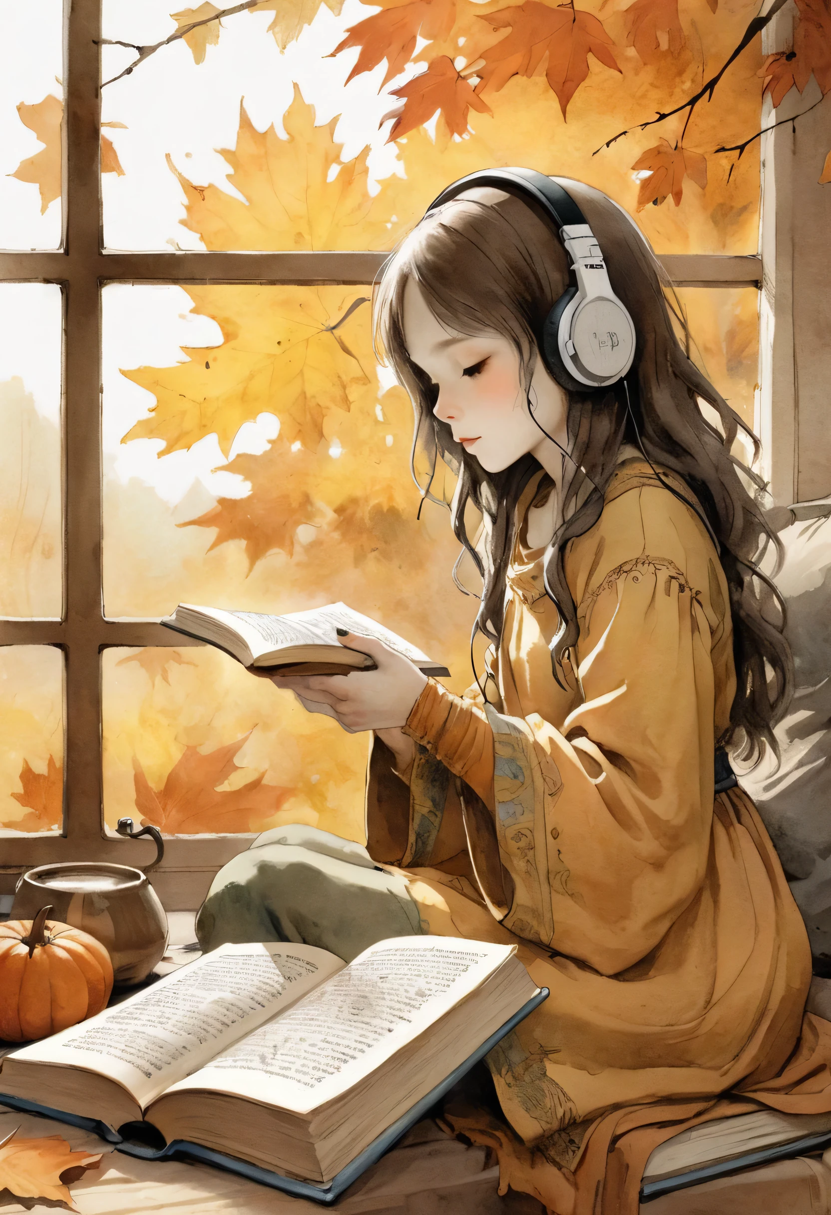 Ultra HD book paintings, Dust reflecting sunlight and a dictionary、Girl with headphones、Anatomically correct、Pearly sunlight、本が乱れ飛ぶStudy、Jean＝Baptiste Monge、Watercolor and ink、Intricate details、Fantasy、beautiful、Fantasy、Autumn reading season、The season is autumn、Study、Perfect composition、Artistic style watercolor sketch、Big Stroke、Finished with ink、Fine Lines、Please redeem、masterpiece