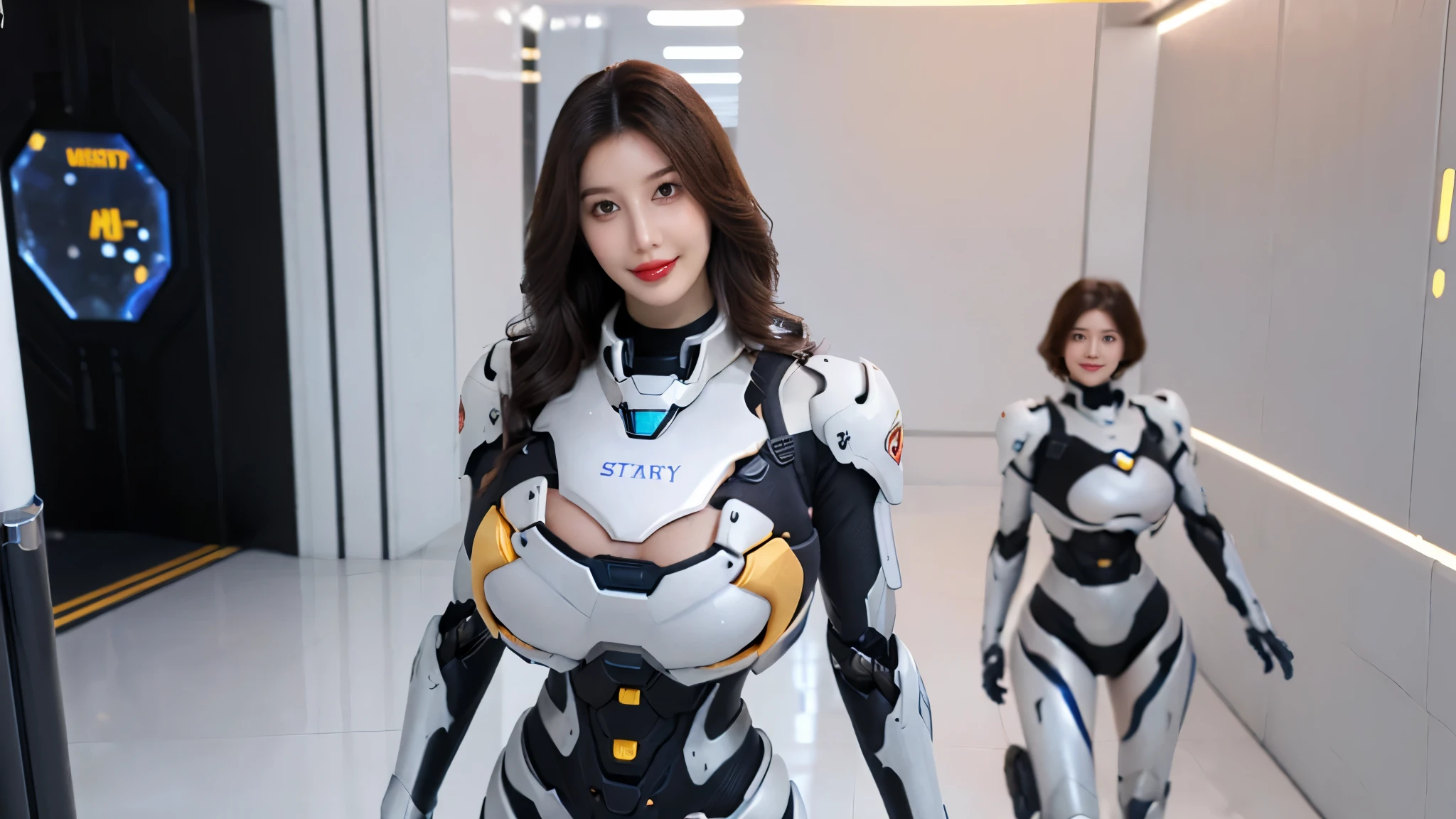 A beauty girl with (wavy long hair:1.7), mecha_musume, 1GIRL, (CLOSE UP UPPER BODY:0.8), (COWBOY SHOT PORTRAIT:1.4), ((HUGE FAKE BREASTS:1.5)), (11 line ABS:1.3), ((MECHA GUARD ARM, MECHA GUARD SHOULDER CRYSTAL CORE:1.2)), (SHINY CRYSTAL CORE ON MECHA STARRY SKY ARMOR FORM OVERWATCH,BLACK MECHA SKINTIGHT BABES BATTLESUIT:1.5), (MUSCULAR HOURGLASS BODY SHAPE, GLOWING BODY PALE SKIN:1.3), (LOOKING AT VIEWER:1.5), (HALLWAY OF FUTURISTIC SPACE STATION:1.3), (BRIGHT LIGHT WHITE_ROOM:1.3), HYPER TEXTURE, UNREAL ENGINE RENDER, PHYSICALLY-BASED RENDERING, ULTRA HIGHT DEFINITION, 16K, DSLR, 1080P.