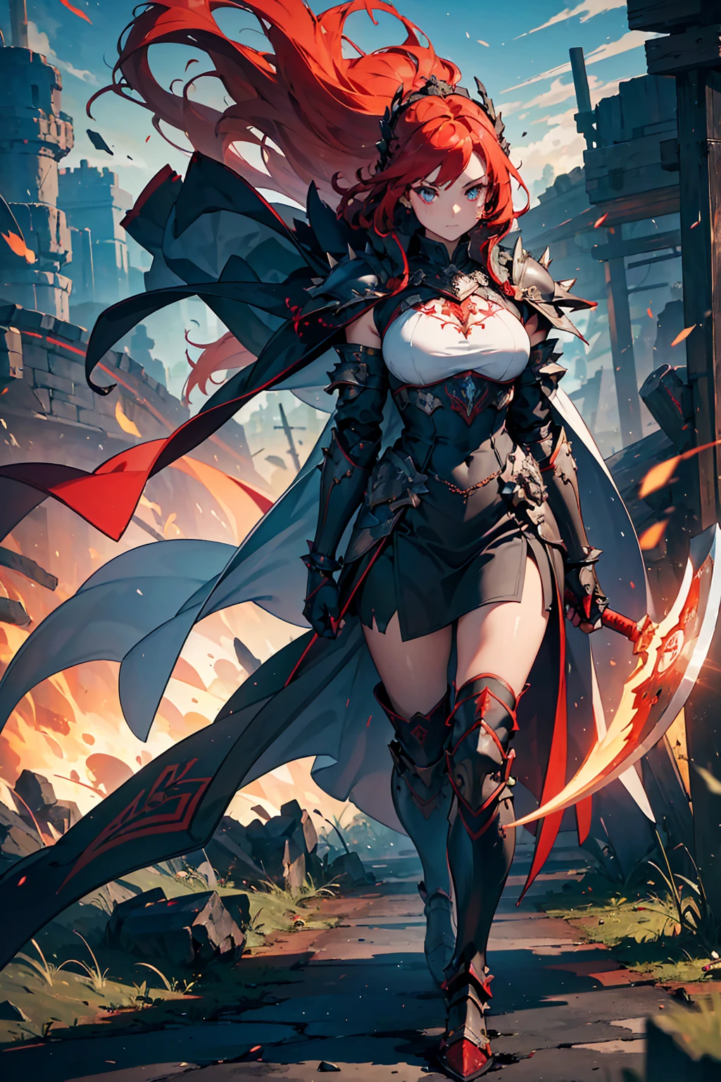 (((masterpiece, best quality, high detailed, 16k))) (1girl) A strikingly beautiful woman with fiery red hair cascading down her back and piercing green eyes that glow with intensity. She wears an imposing obsidian armor, alive with glowing red veins that pulse like molten lava, giving the impression the armor itself is breathing. The armor is jagged and sharp, adorned with large, spiked pauldrons and intricate, living patterns across its surface. Her long white cape, trimmed with red, flows behind her. In her hand, she wields a massive, blood-red battle axe, etched with runes that seem to pulse with a dangerous energy. The setting is a desolate battlefield, smoke rising around her as she prepares for war. ((full body front view)), (extremely detailed:1.5), (obsidian armor, glowing red veins, large battle axe, spiked pauldrons, white cape)
