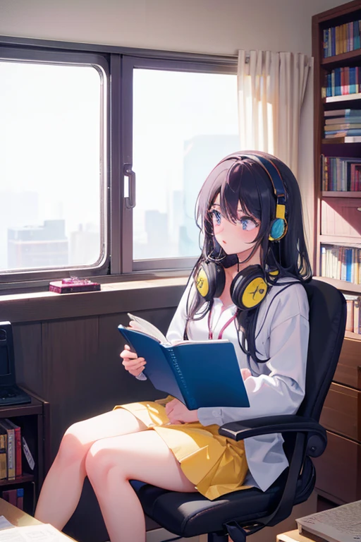 Reading a textbook, beautiful girl  black hair , headphones , in a room