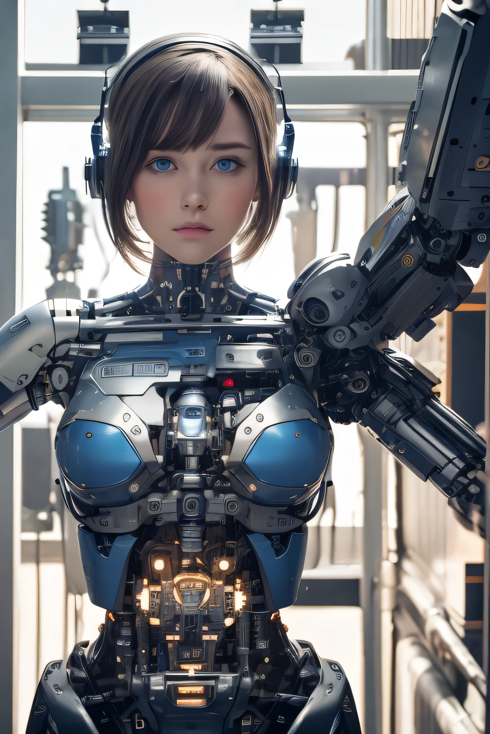 masterpiece, best quality, extremely detailed, android girl,Plump ,control panels,android,Droid,Mechanical Hand, Robot arms and legs,Blunt bangs,perfect robot girl,long tube,thick cable connected her neck,android,robot,humanoid,cyborg,cyborg girl ,robot-assembly plant,She has assembled now,assembly scene,chest monitor,blonde heir,blue eyes