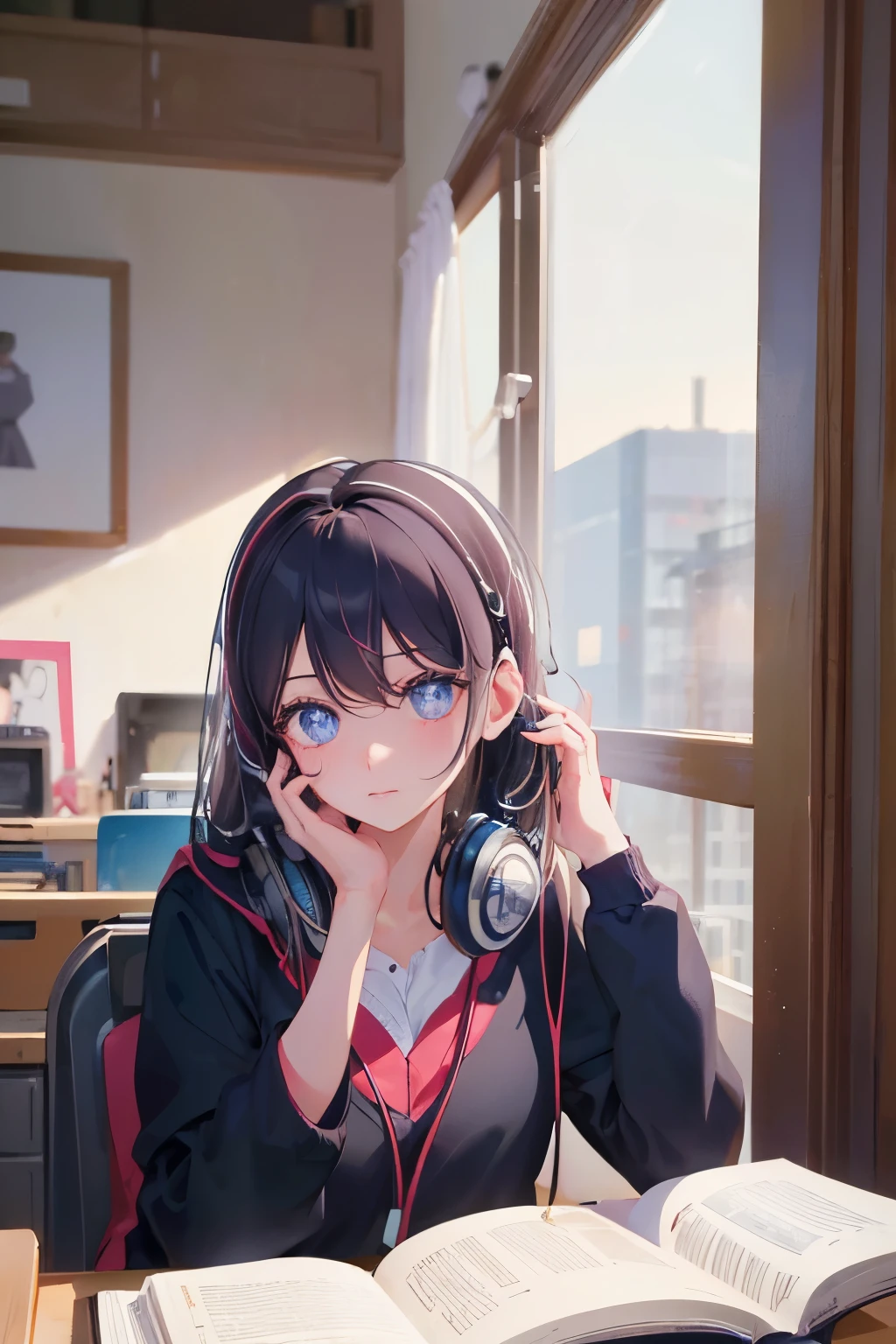 Reading a textbook, beautiful girl  black hair , headphones , in a room