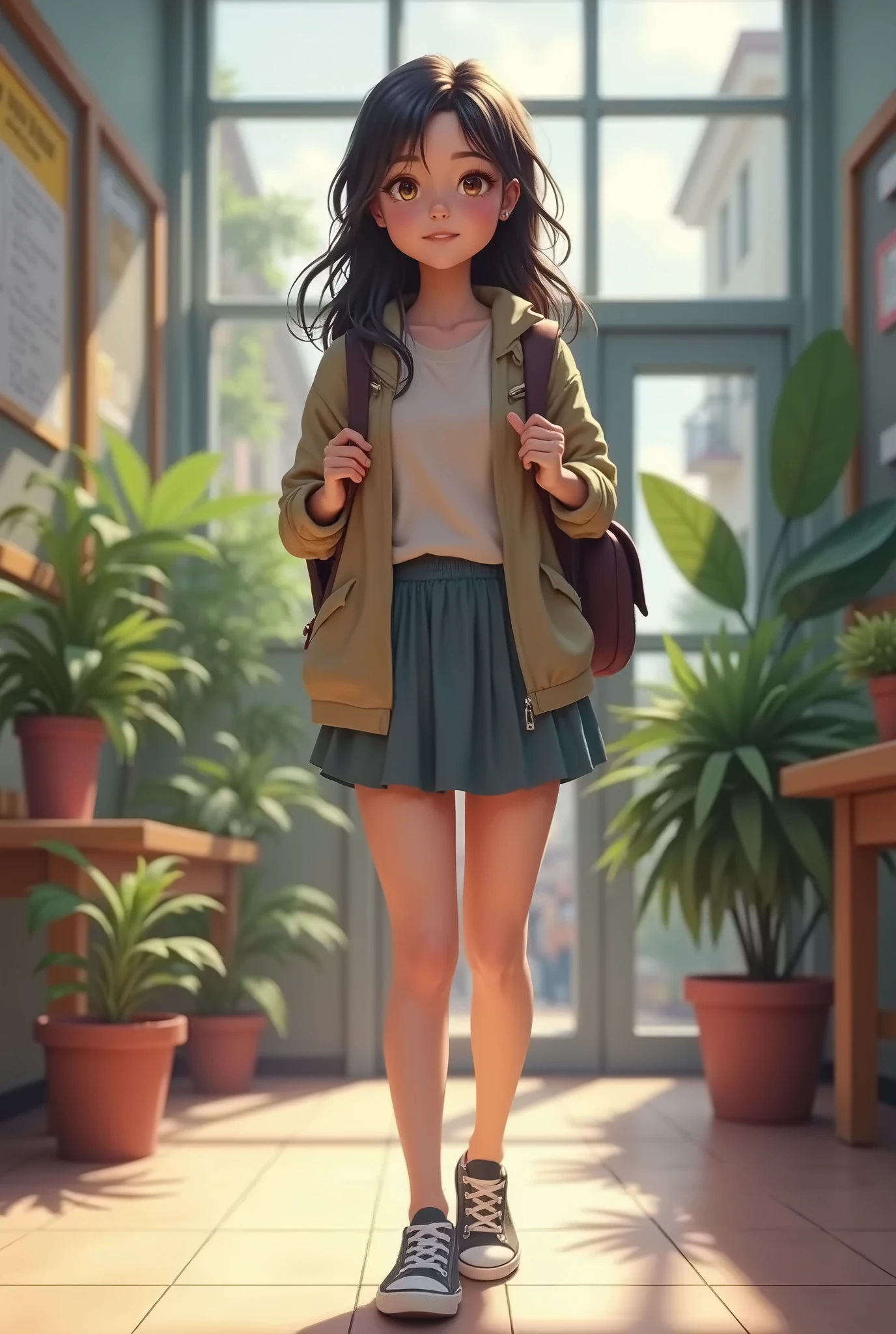 (photorealism:1.2), mexican girl, light brown skin, leaning on the wall of her room, wearing white blouse and denim skirt, light blue retro tennis shoes, Carrying dark backpack, indoors, light light, small table with plants on one side, window with sunlight, cozy room, relaxed pose, realist, intricate details, warm colors, by Alphonse Mucha.