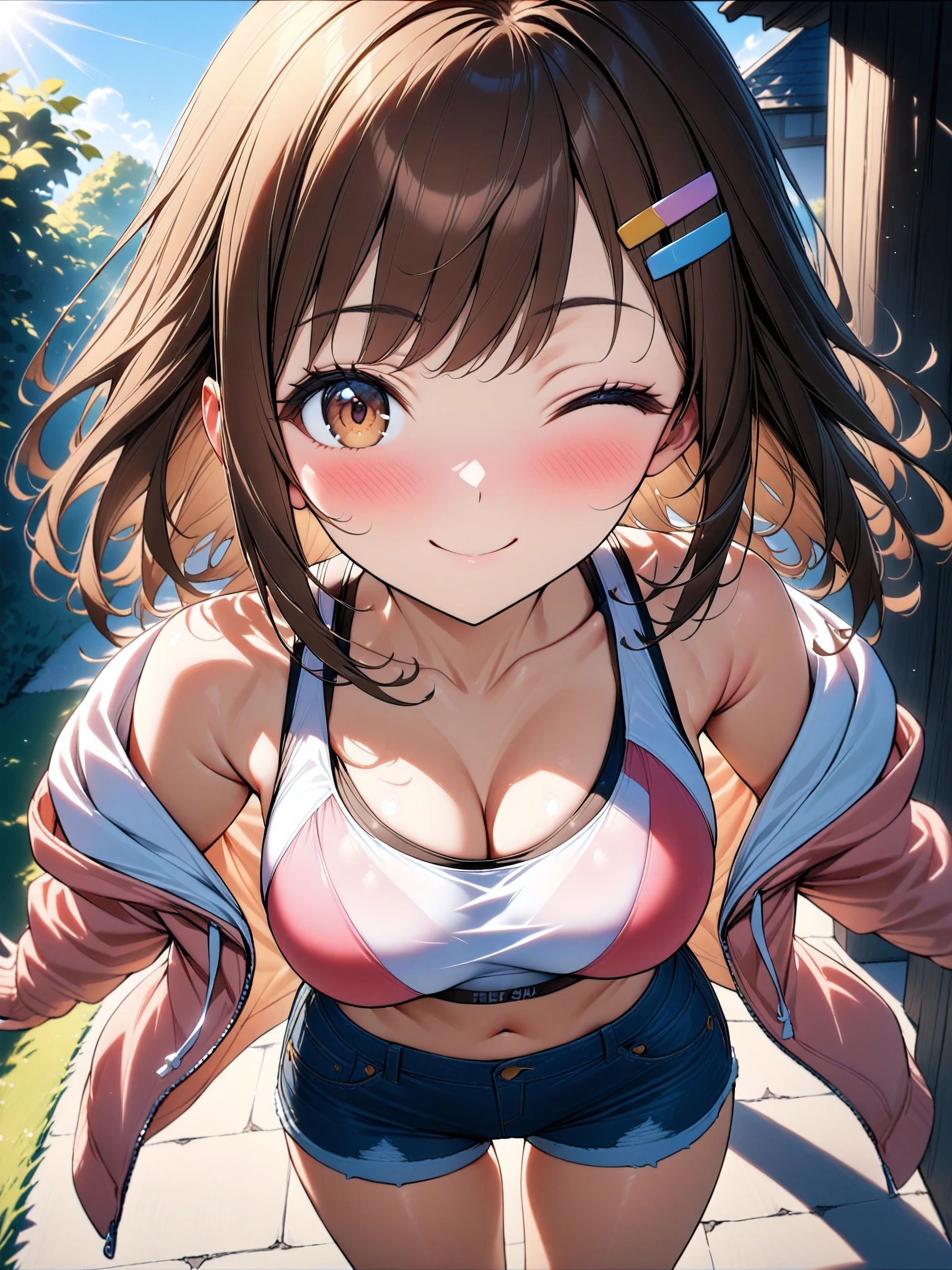 1girl, high school girl, (medium hair), (shoulder length hair:1.2), (wavy brown hair), colorful hairpins, (bright expressive brown eyes), one eye closed, slight blush, big smile Face, slimWaist, petite body, (short stack), (big breasts:0.4), natural round breasts, (casual sporty outfit), (pastel hoodie), (show off sports bra), bare shoulder, denim shorts, white sneakers, standing pose, relaxed posture, soft sunlight, outdoor scene, blue sky, clear weather, high quality fabric texture, detailed face, focus on hair, eyes, and clothing details, natural skin texture, dynamic lighting, soft shadows(very aesthetic, masterpiece), (ultra high quality), (16k, ultra high resolution), highly detailed beautiful skin, highly detailed background