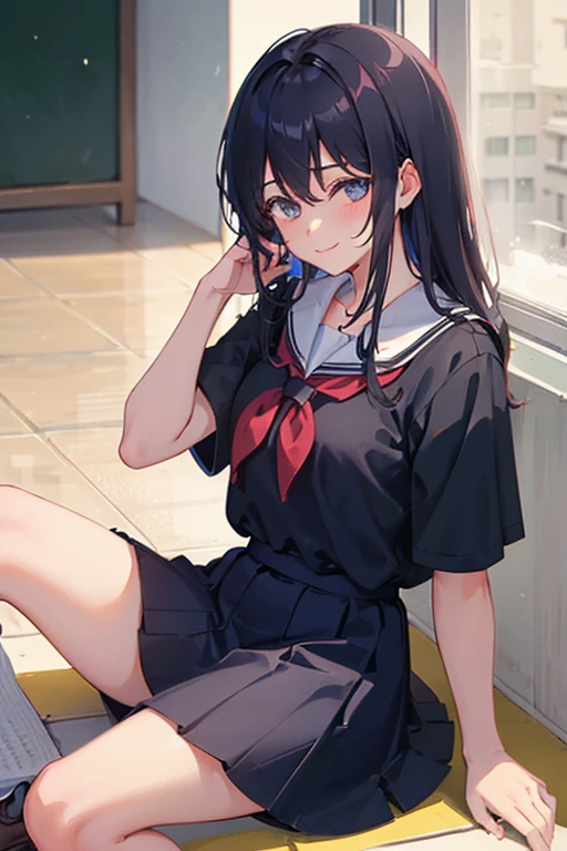 a girl  closed eye smiling ,sitting on the floor, school dress , black hair